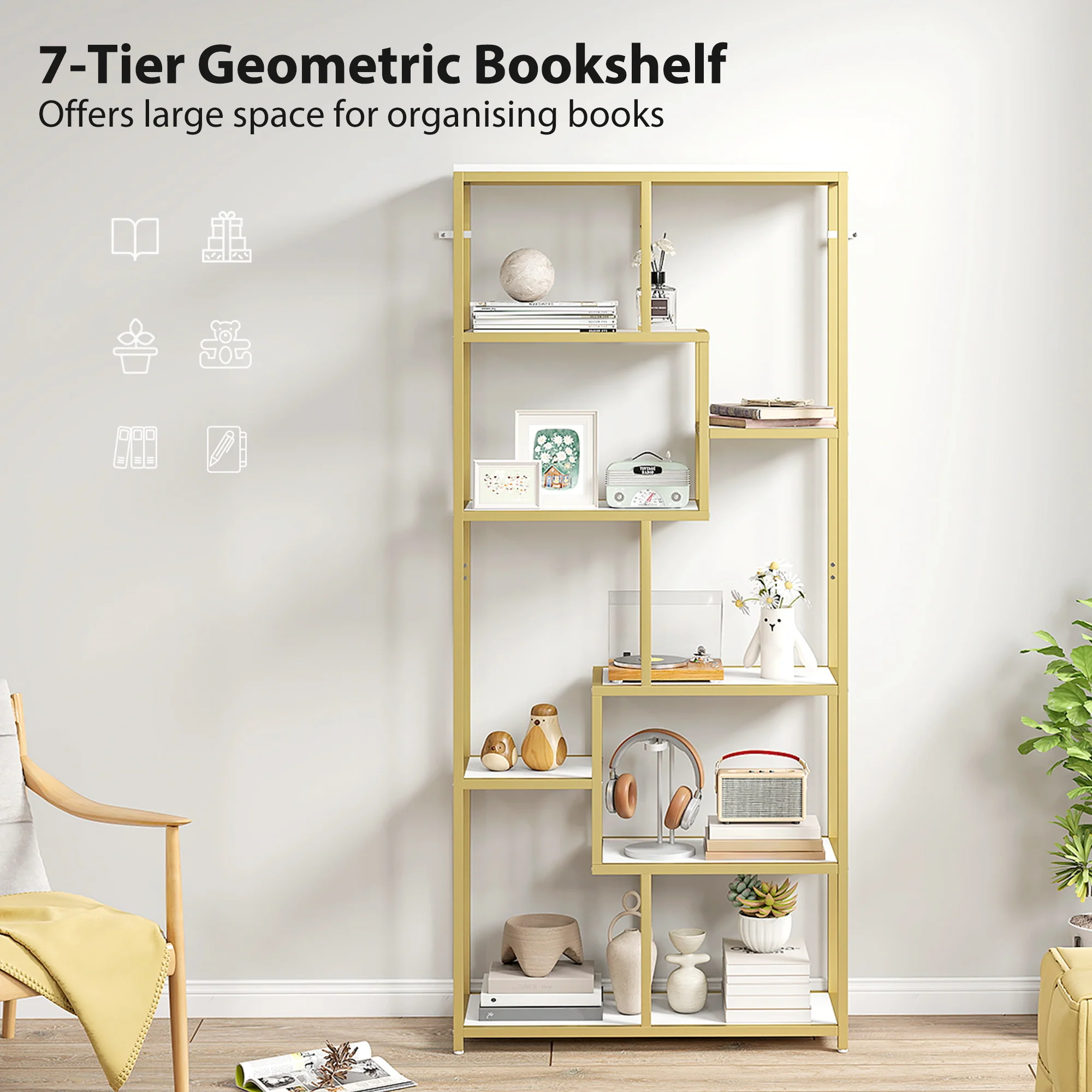 HOMCOM Modern Bookcase 7-Tier Bookshelf Shelving Unit White Gold Tone - Image 3