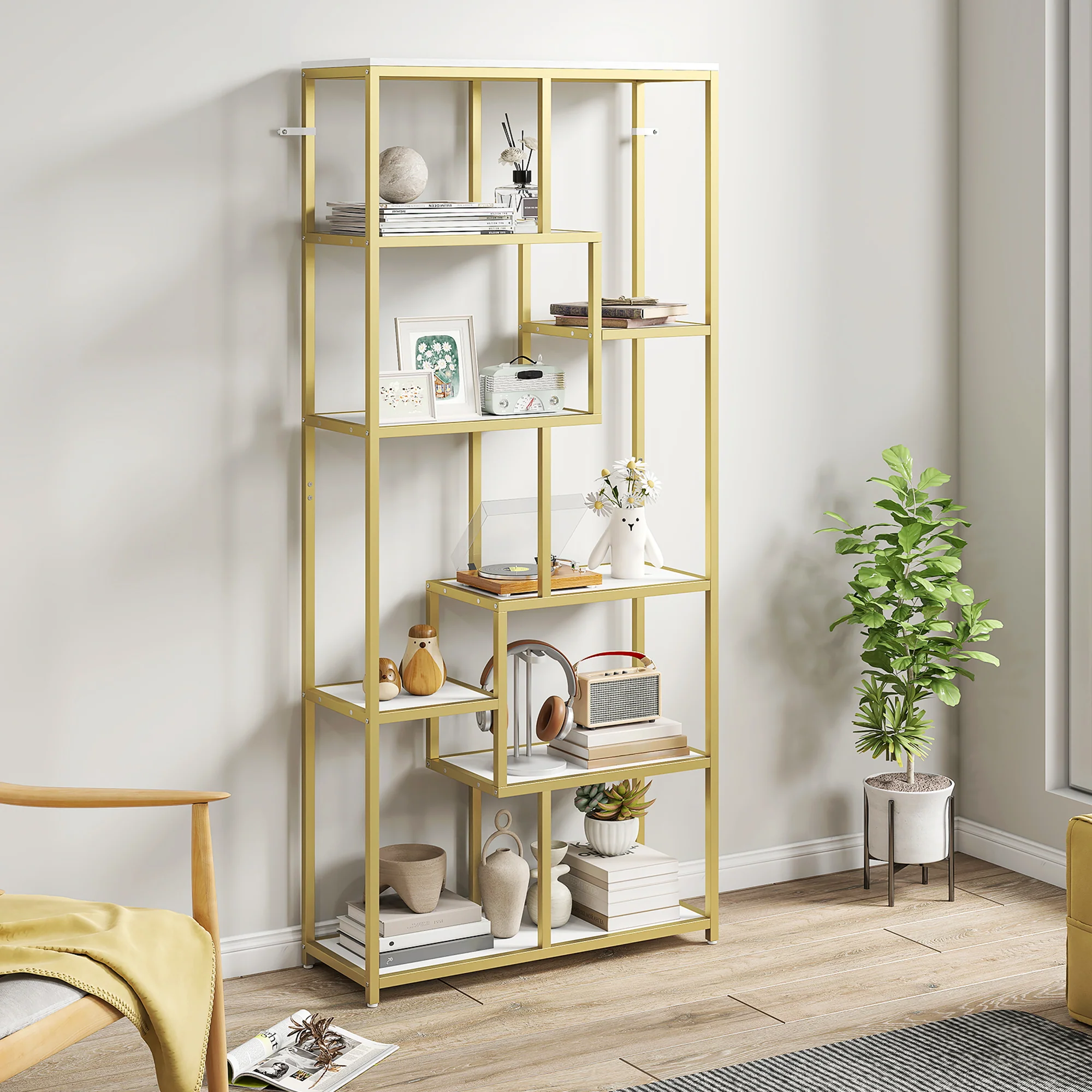 HOMCOM Modern Bookcase 7-Tier Bookshelf Shelving Unit White Gold Tone - Image 7