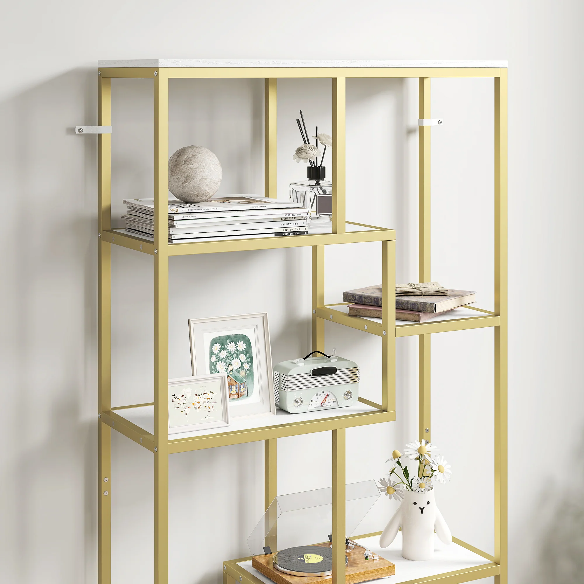 HOMCOM Modern Bookcase 7-Tier Bookshelf Shelving Unit White Gold Tone - Image 9