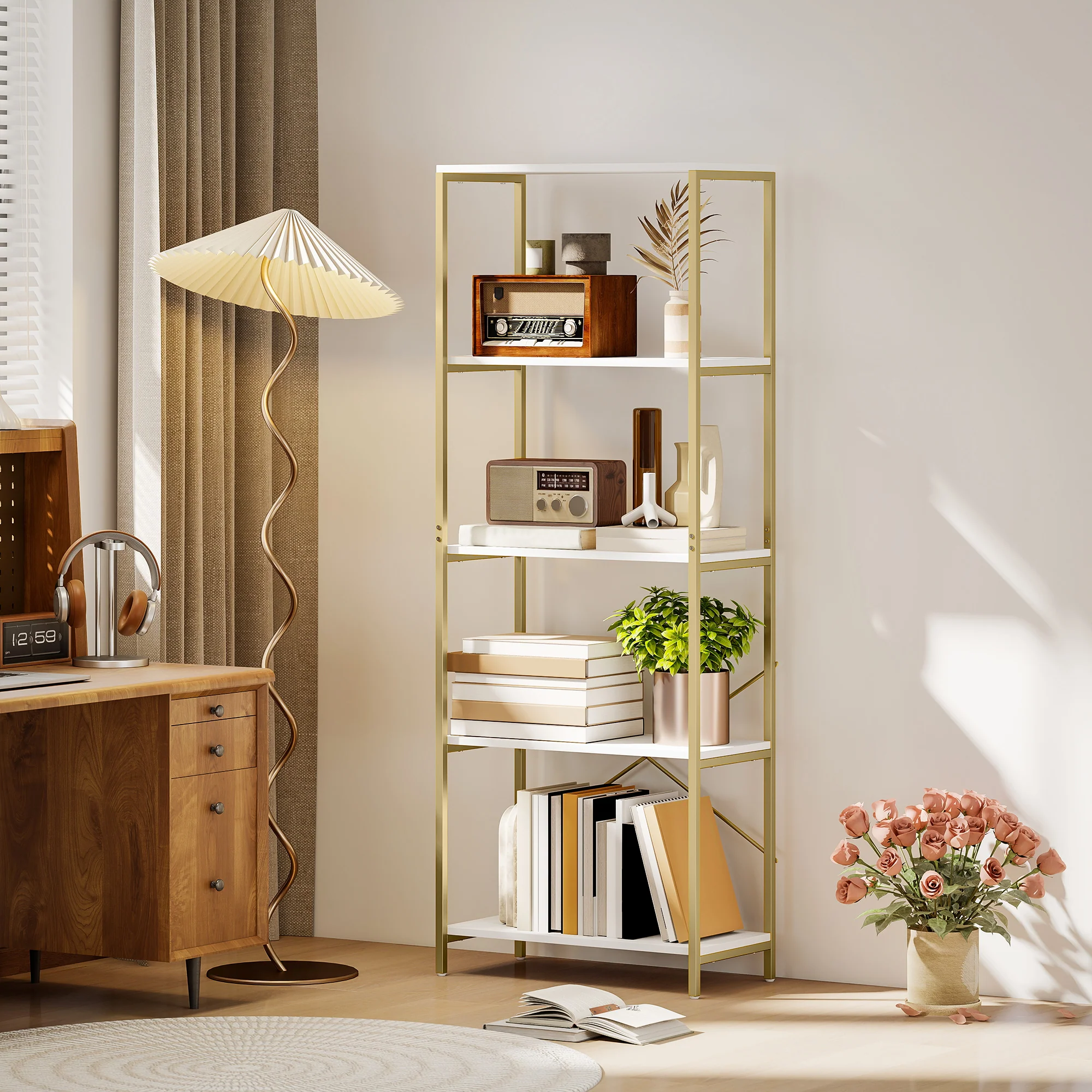 HOMCOM Modern Bookshelf, Freestanding Bookcase, White and Gold Tone - Image 2