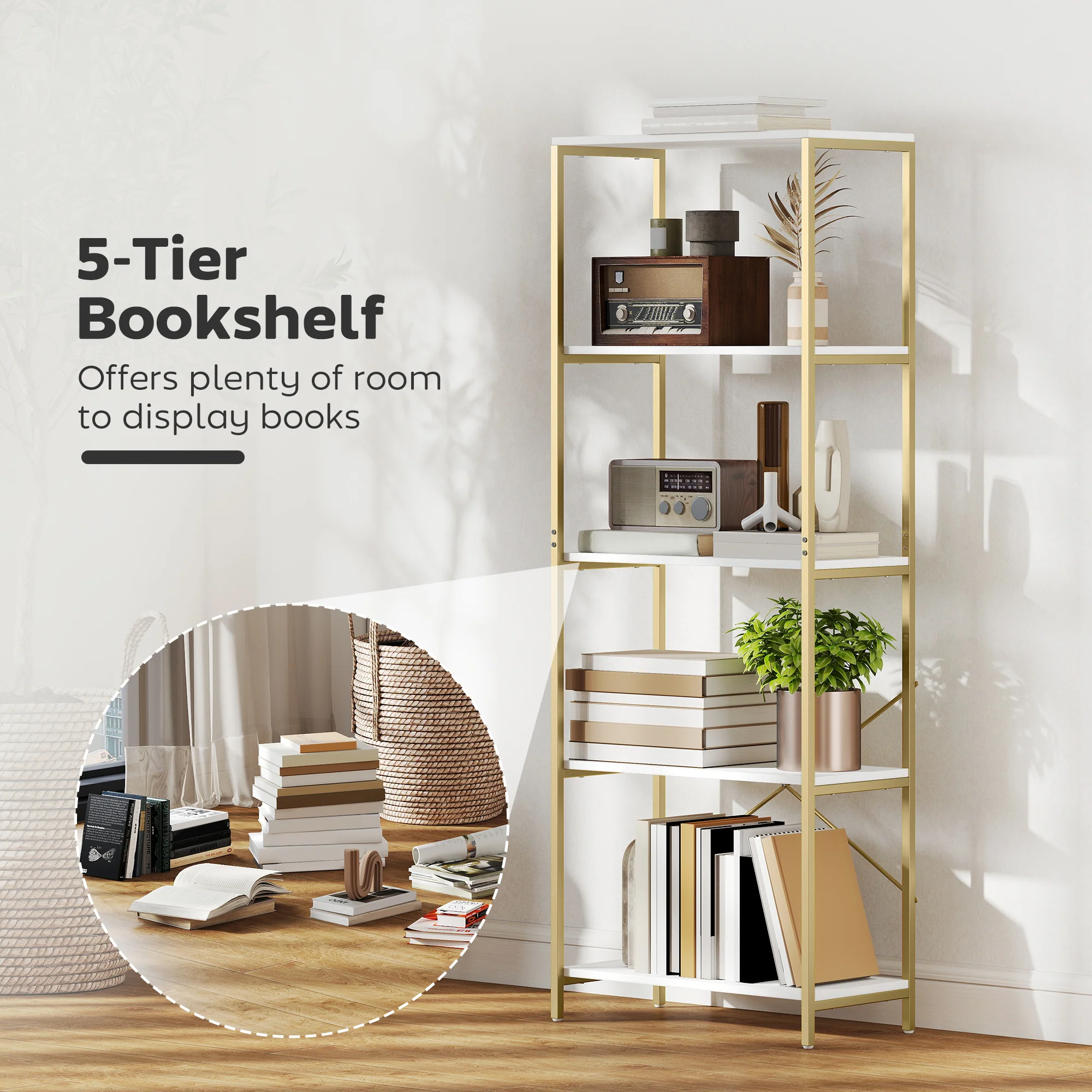 HOMCOM Modern Bookshelf, Freestanding Bookcase, White and Gold Tone - Image 3