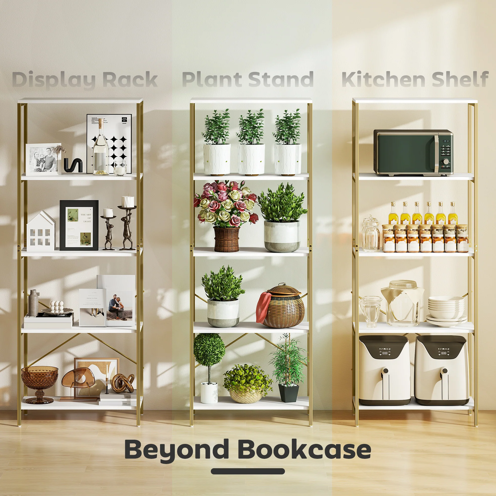 HOMCOM Modern Bookshelf, Freestanding Bookcase, White and Gold Tone - Image 6