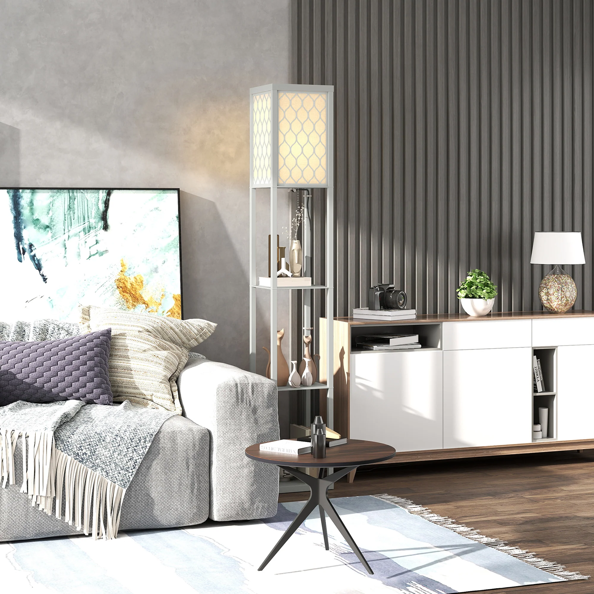 HOMCOM Modern Floor Lamp Light With 3 Shelves Fabric Lampshade - Image 27