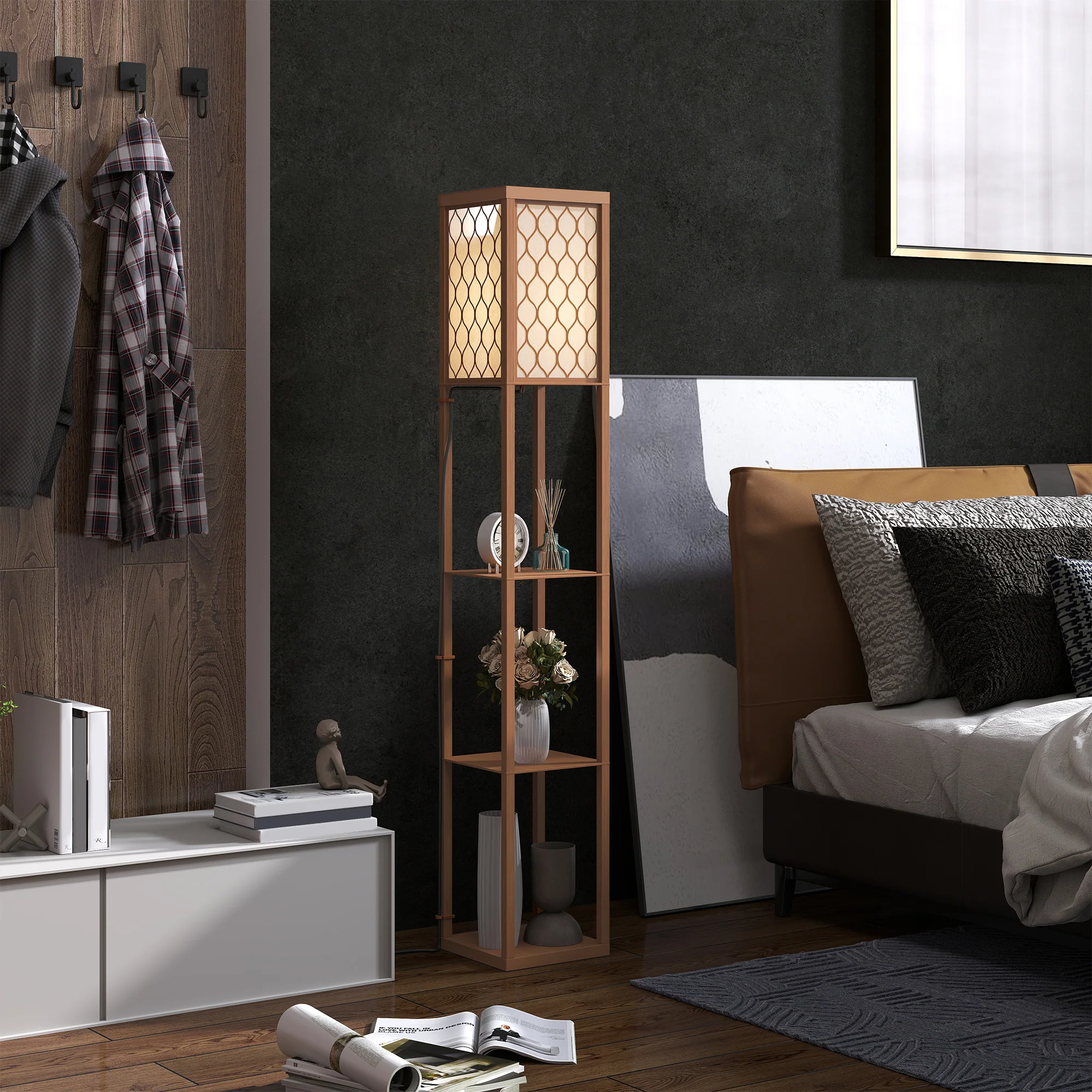 HOMCOM Modern Floor Lamp Light With 3 Shelves Fabric Lampshade - Image 29