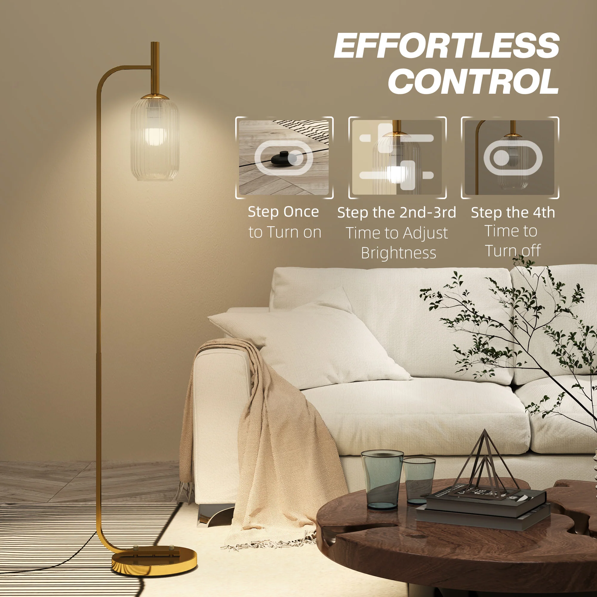 HOMCOM Modern Floor Lamp With Glass Lampshade, Foot Switch For Living Room - Image 6