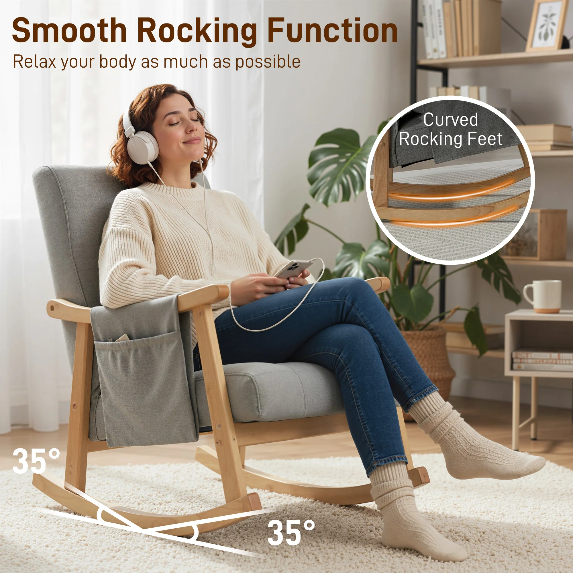 HOMCOM Modern High Back Rocking Chair With Solid Wood Legs, Light Grey - Image 3