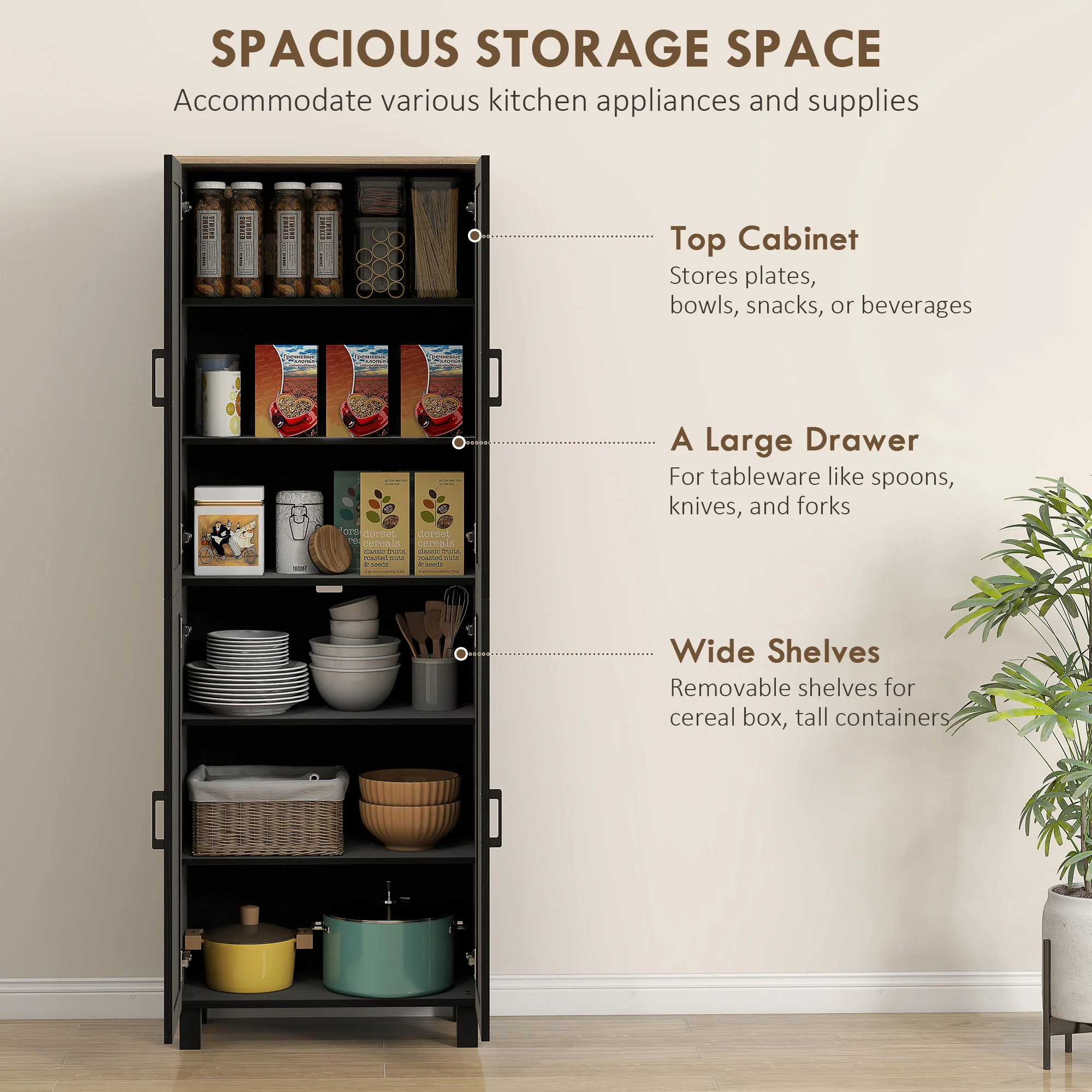 HOMCOM Modern Kitchen Cupboard Storage Cabinet with 4 Shelves - Image 3