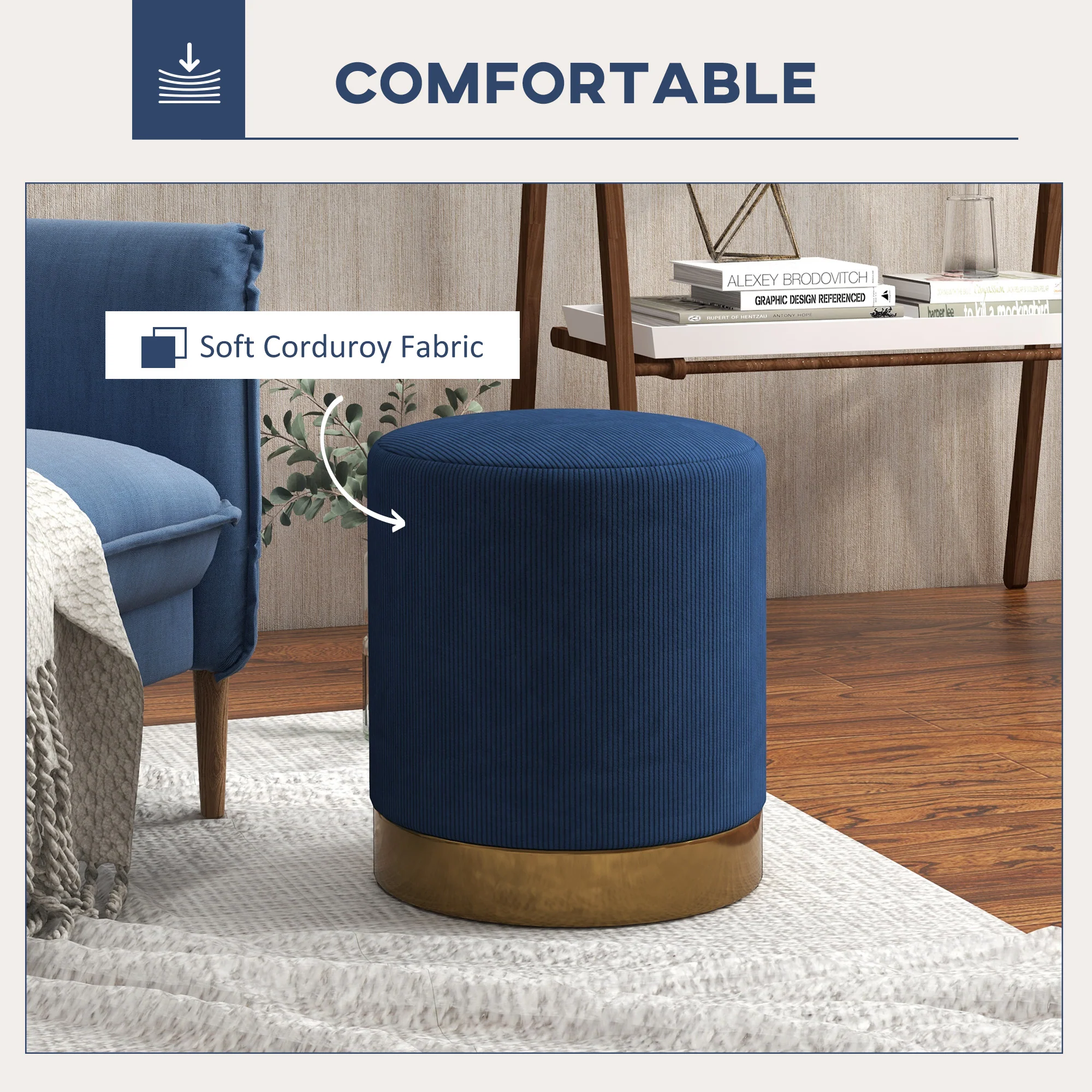 HOMCOM Modern Round Footstool, Fabric Upholstered Foot Rest, Light Brown - Image 20