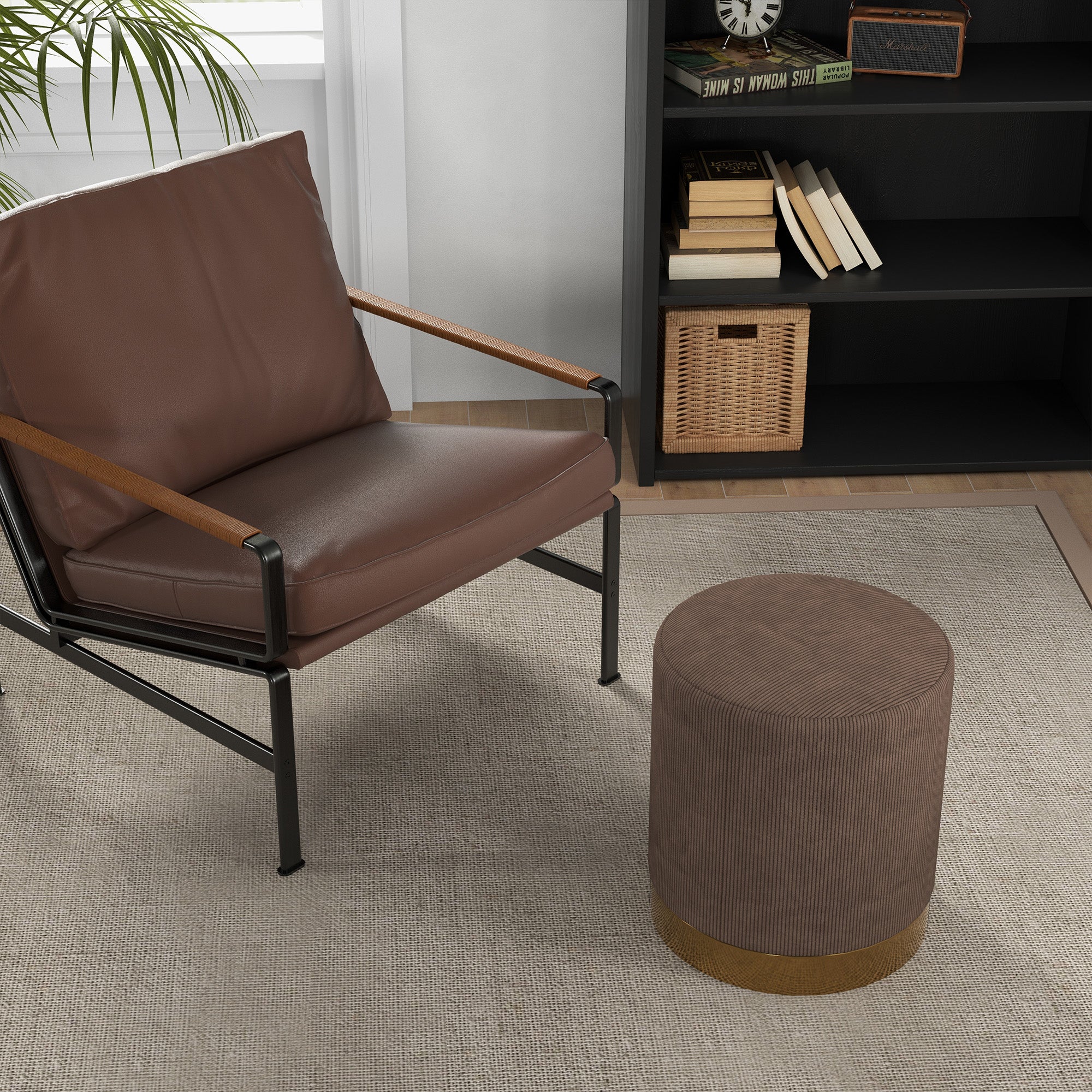 HOMCOM Modern Round Footstool, Fabric Upholstered Foot Rest, Light Brown - Image 7