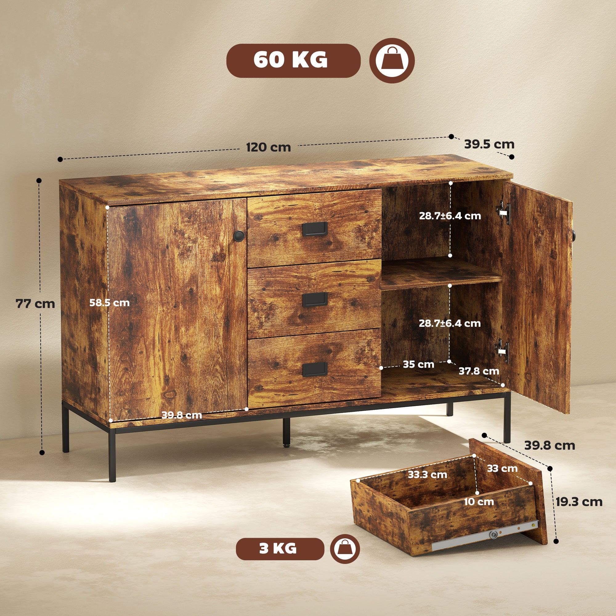 HOMCOM Modern Sideboard, Storage Cabinet, Accent Cupboard Rustic Brown - Image 5