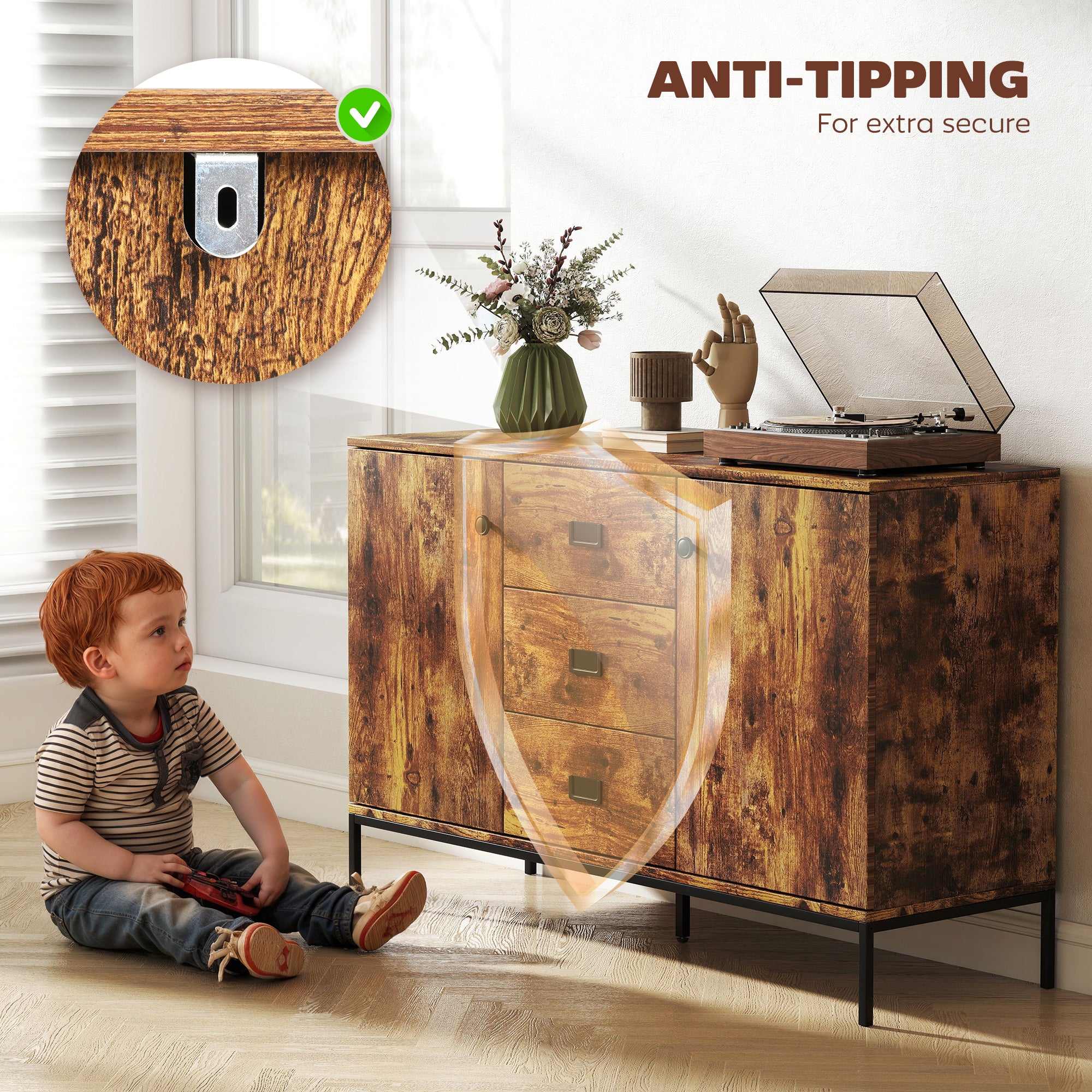 HOMCOM Modern Sideboard, Storage Cabinet, Accent Cupboard Rustic Brown - Image 7