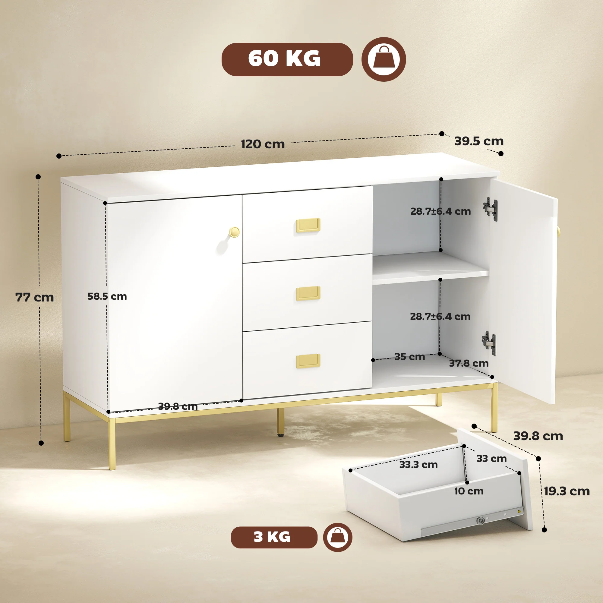 HOMCOM Modern Sideboard, Storage Cabinet, Accent Cupboard White - Image 5