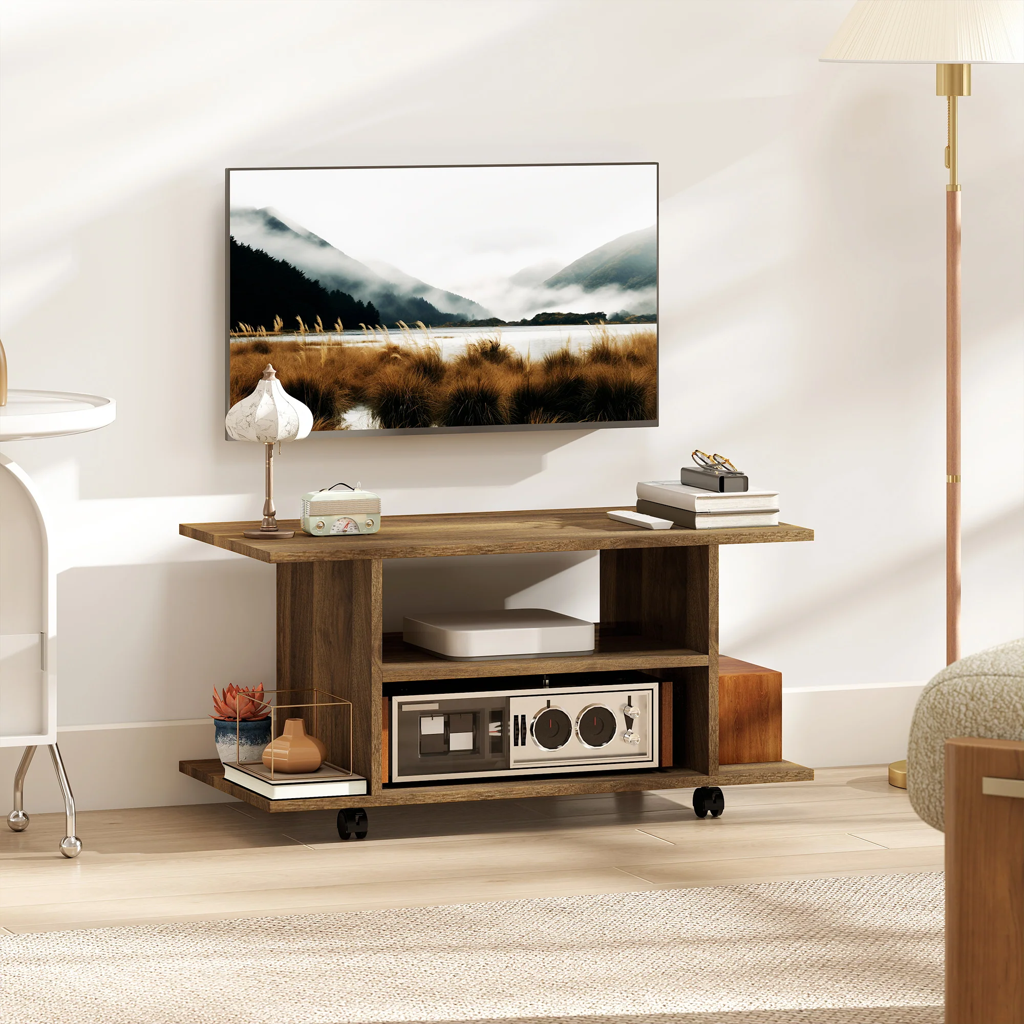 HOMCOM Modern TV Cabinet Stand Storage Shelves Table Mobile Walnut - Image 2
