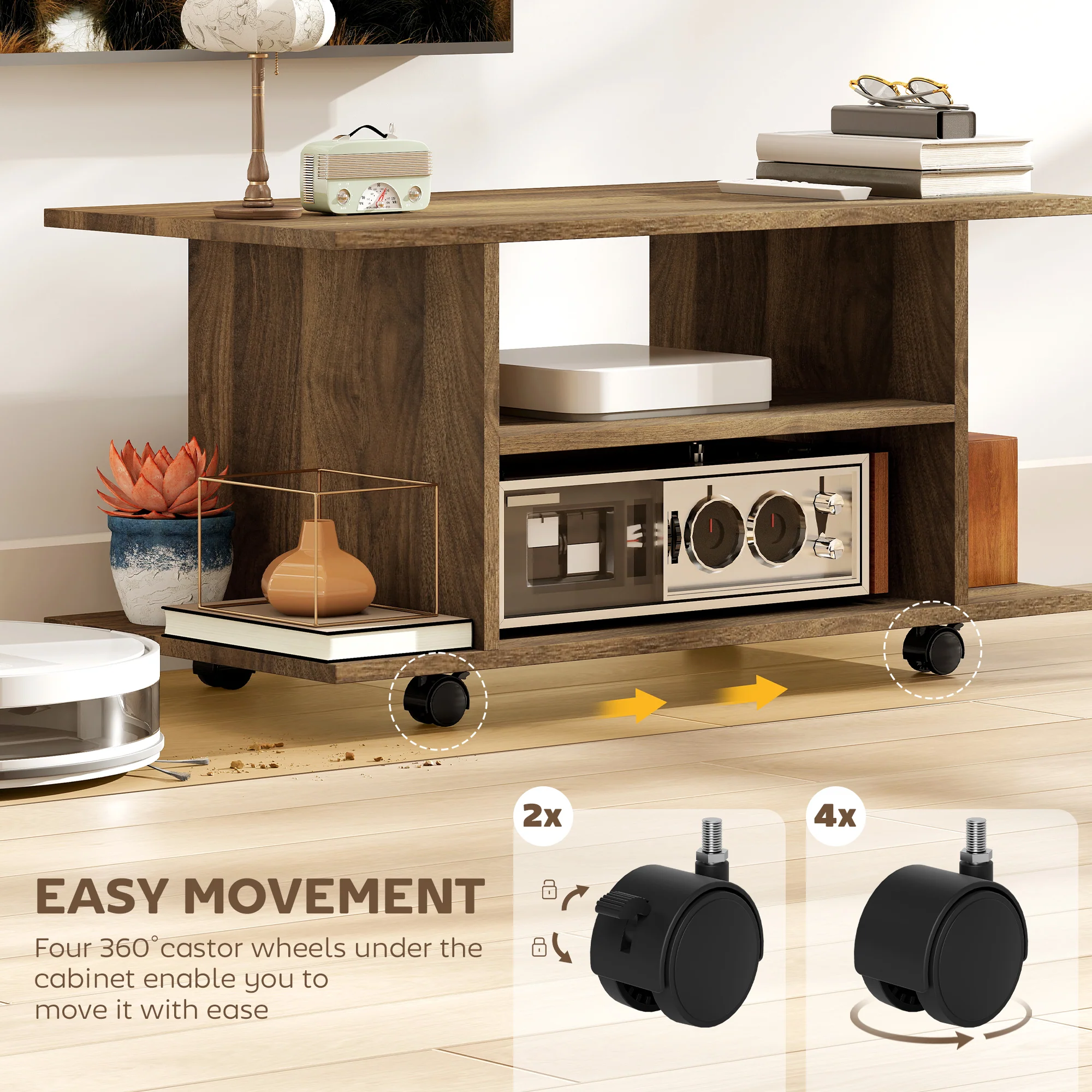 HOMCOM Modern TV Cabinet Stand Storage Shelves Table Mobile Walnut - Image 4