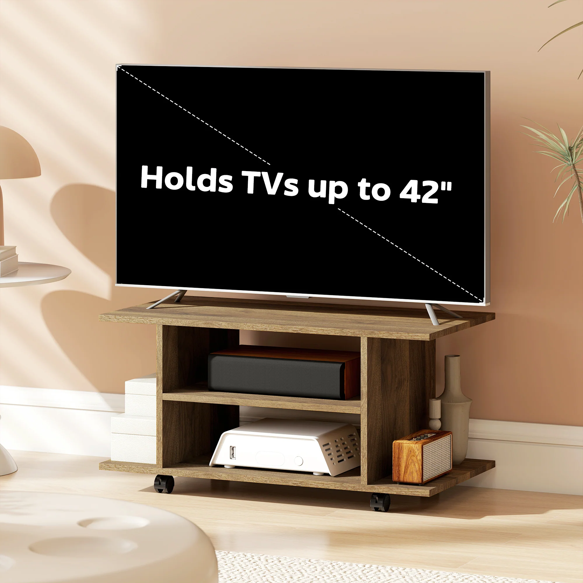 HOMCOM Modern TV Cabinet Stand Storage Shelves Table Mobile Walnut - Image 7