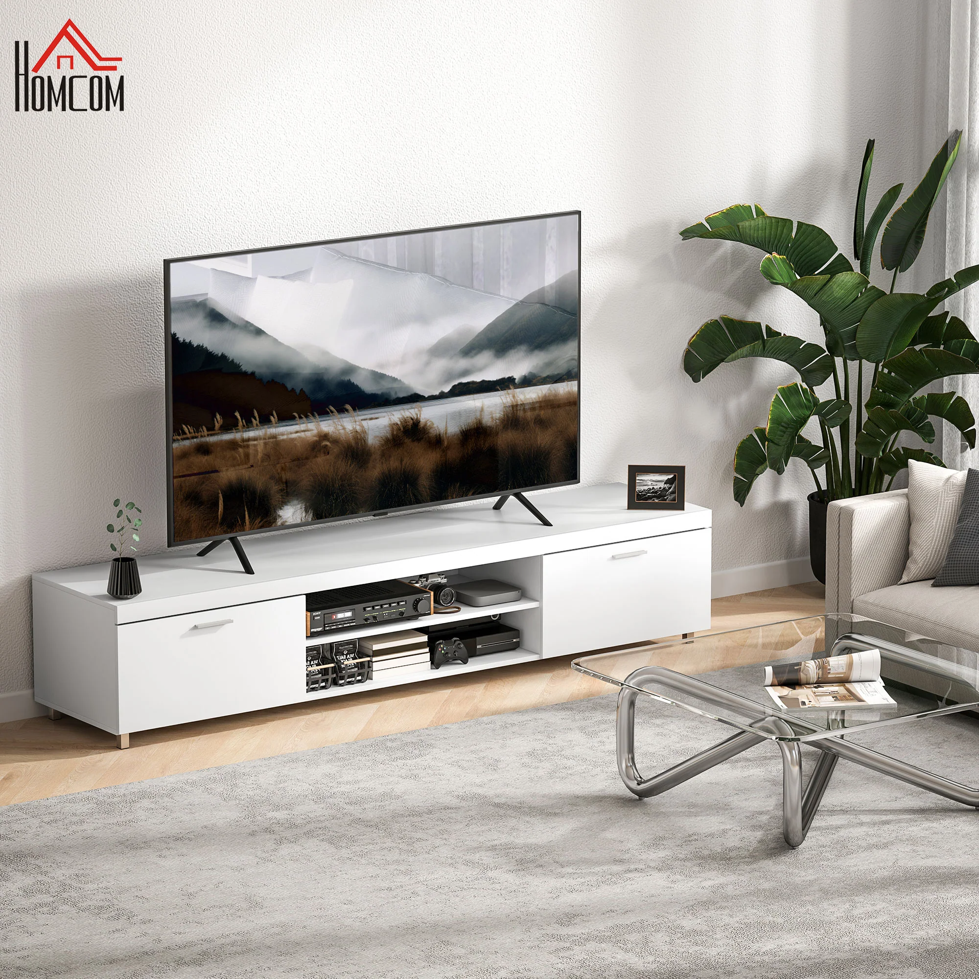 HOMCOM Modern Unit For TV W/ Cabinet Shelf For Living Room White - Image 12