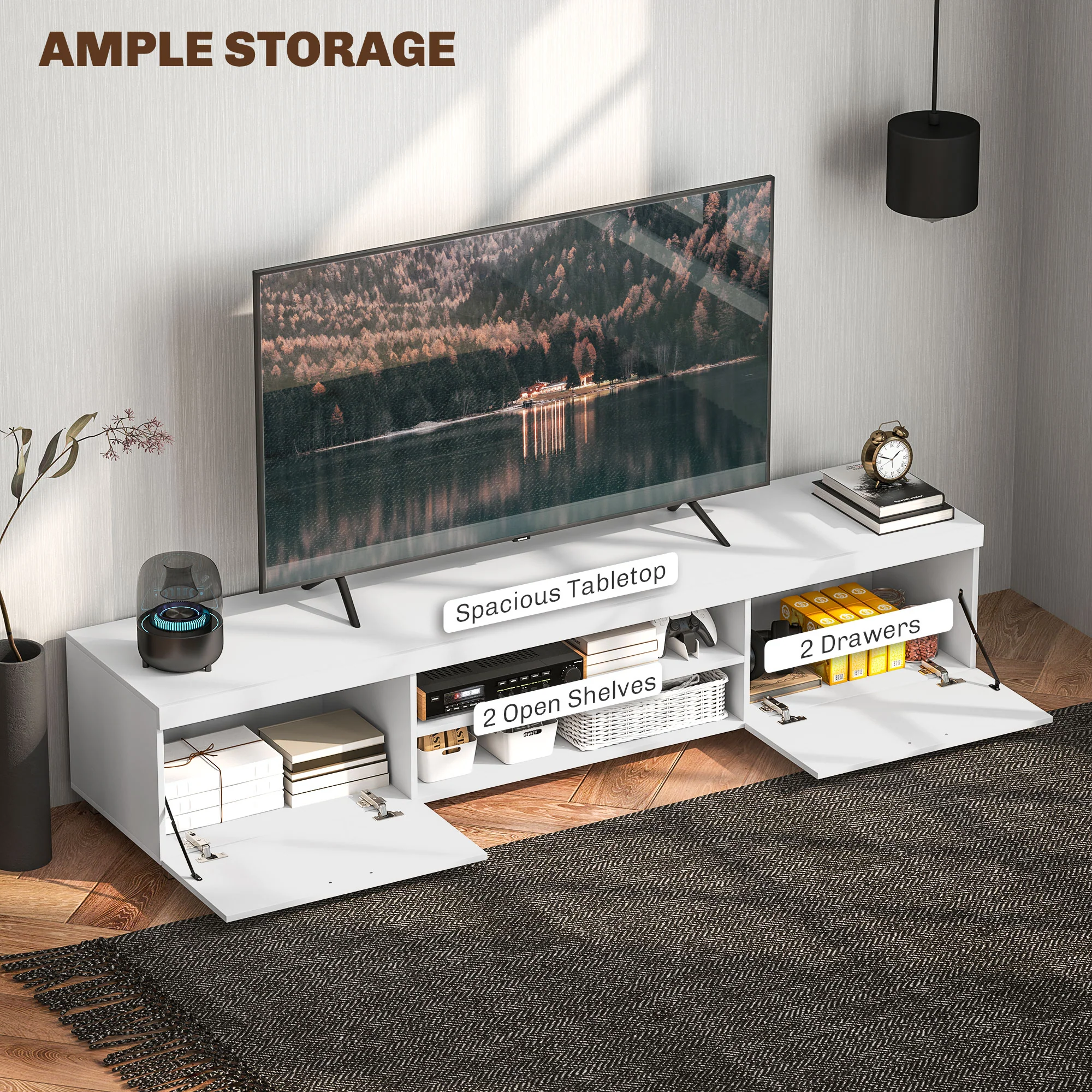 HOMCOM Modern Unit For TV W/ Cabinet Shelf For Living Room White - Image 4