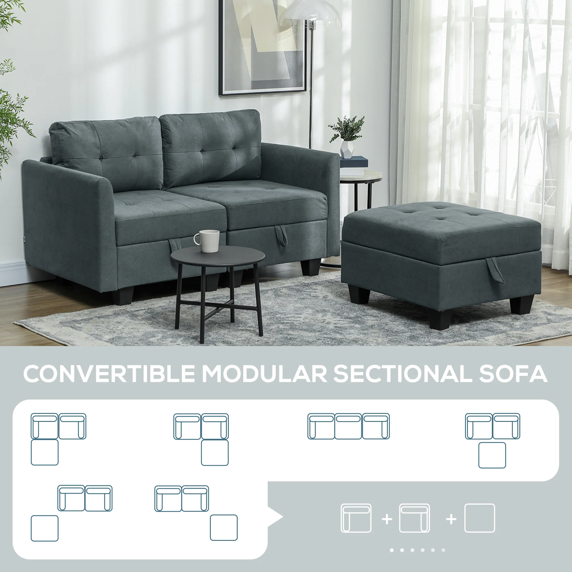 HOMCOM Modular Sectional Sofa with Storage, 2 Seater Sofa Set - Image 3