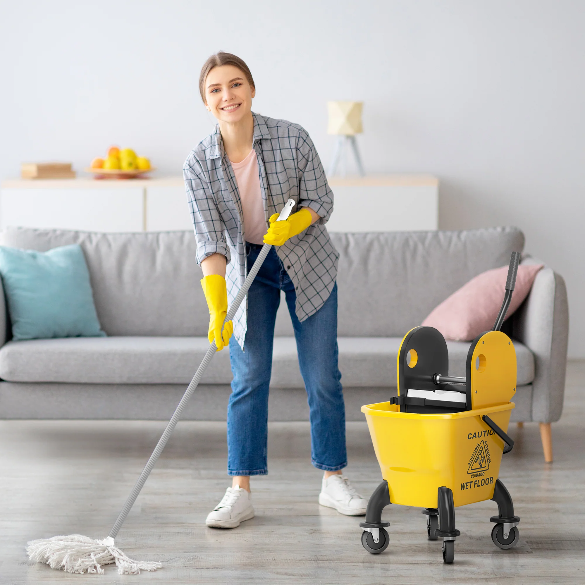 HOMCOM Mop Bucket with Wringer on Wheels for Floor Cleaning 26 Litre Yellow - Image 2
