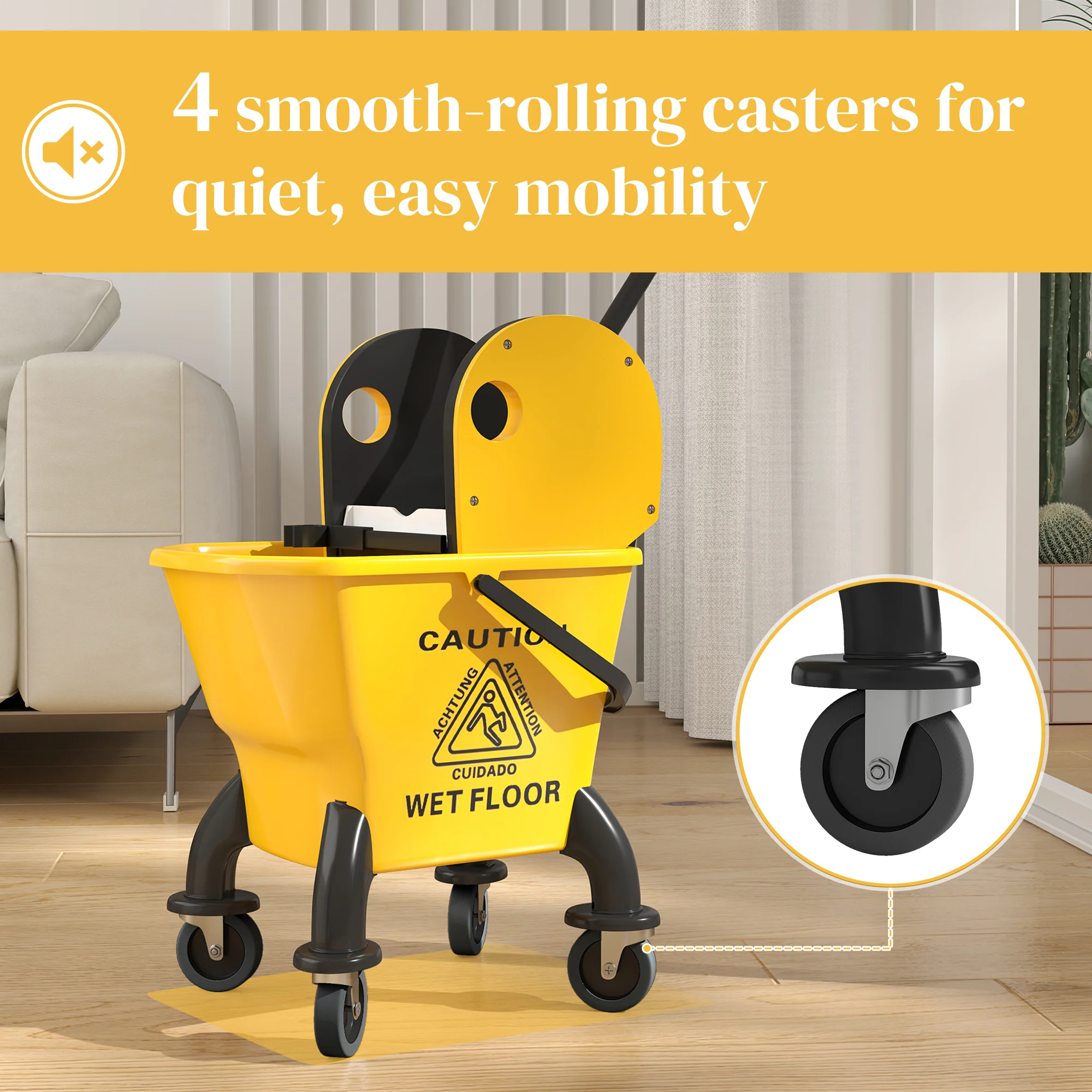 HOMCOM Mop Bucket with Wringer on Wheels for Floor Cleaning 26 Litre Yellow - Image 6