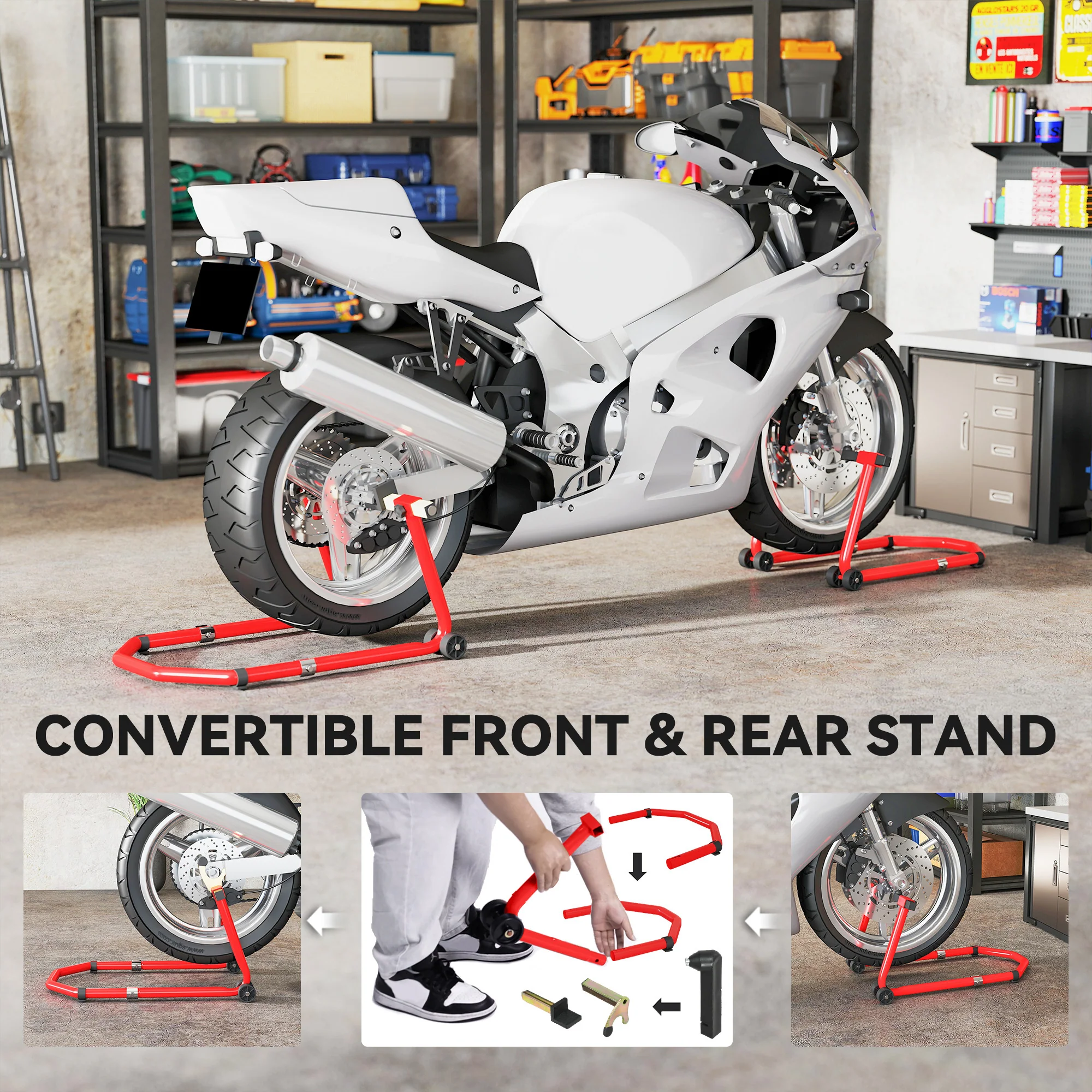 HOMCOM Motorcycle Stand, 390 Kg Front/Rear Paddock Stand, Red - Image 3