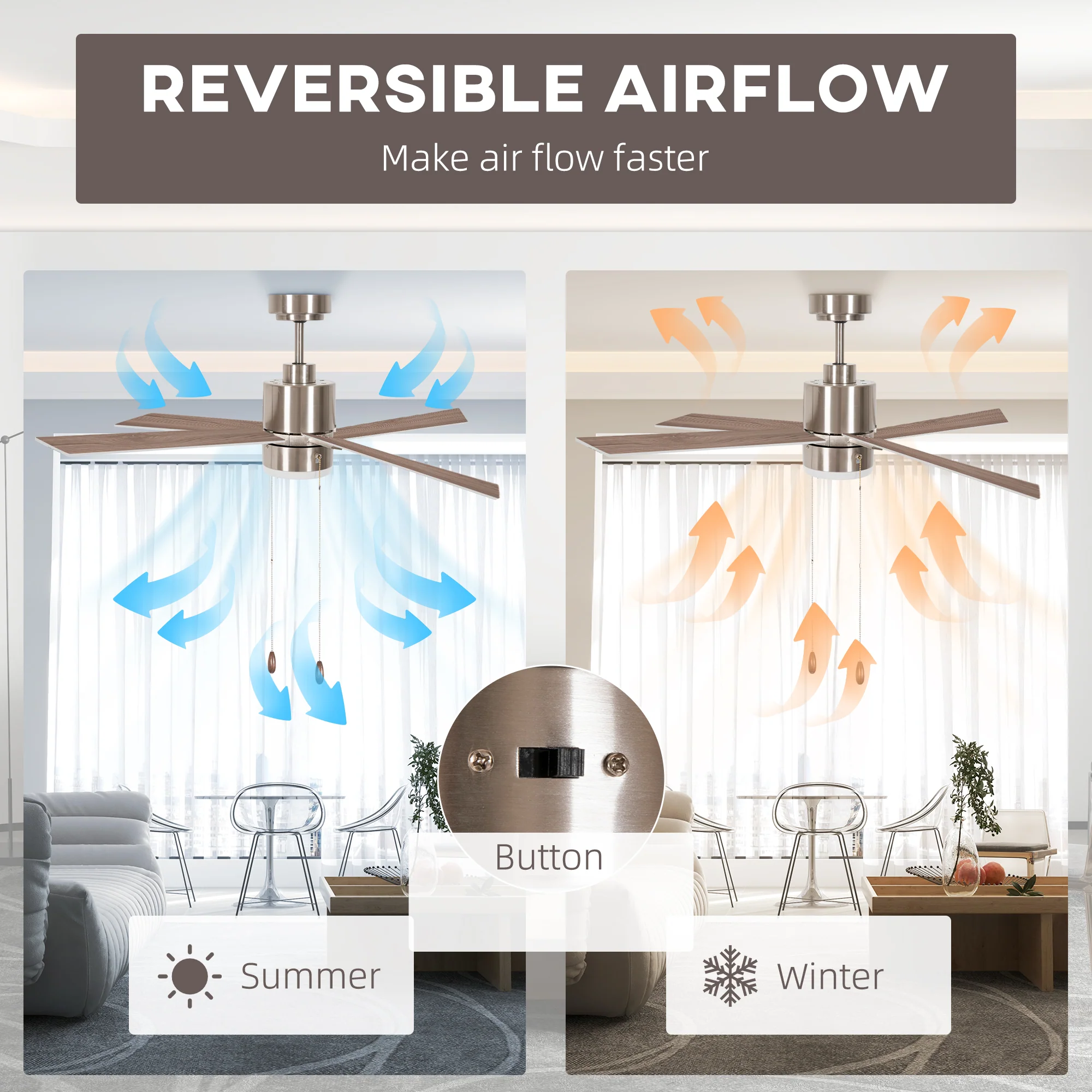 HOMCOM Mounting Reversible Ceiling Fan With Light, Pull-chain - Image 6