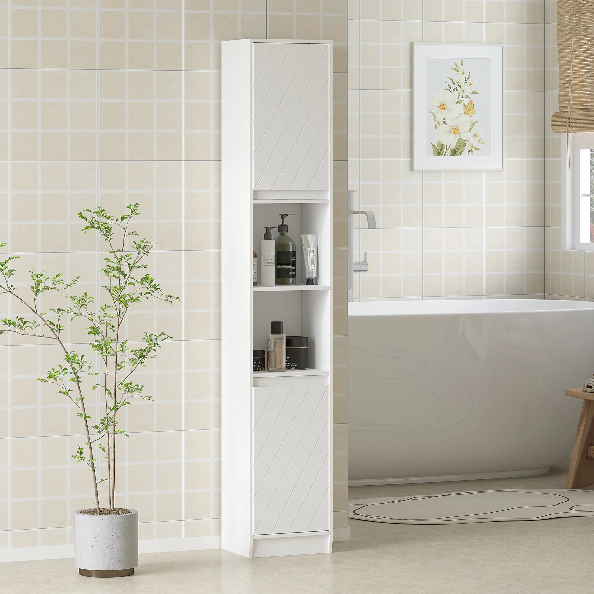 HOMCOM Narrow Bathroom Storage Cabinet with Open Compartment, White - Image 2