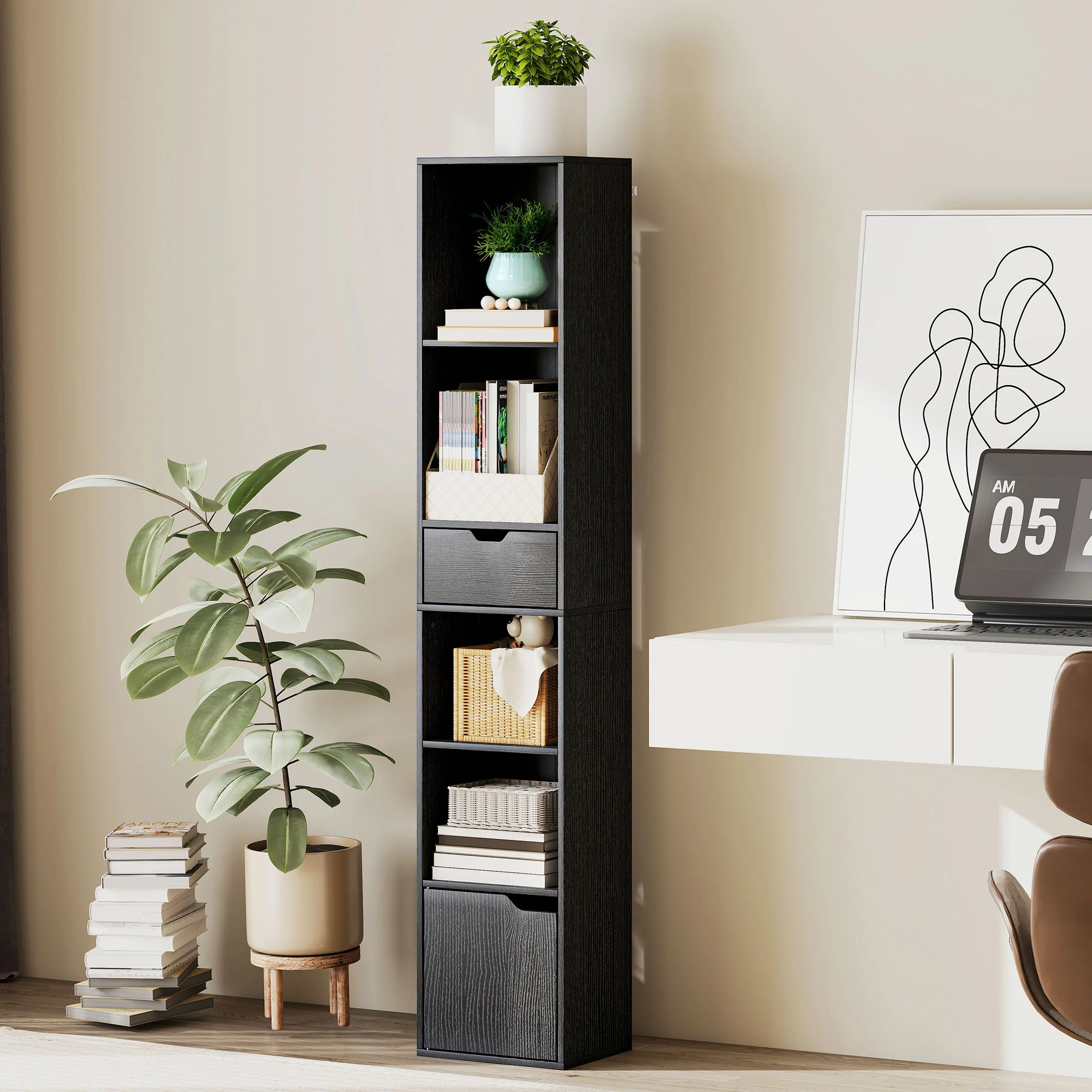 HOMCOM Narrow Bookshelf with Drawer, Tall Bookcase for Living Room, Black - Image 2