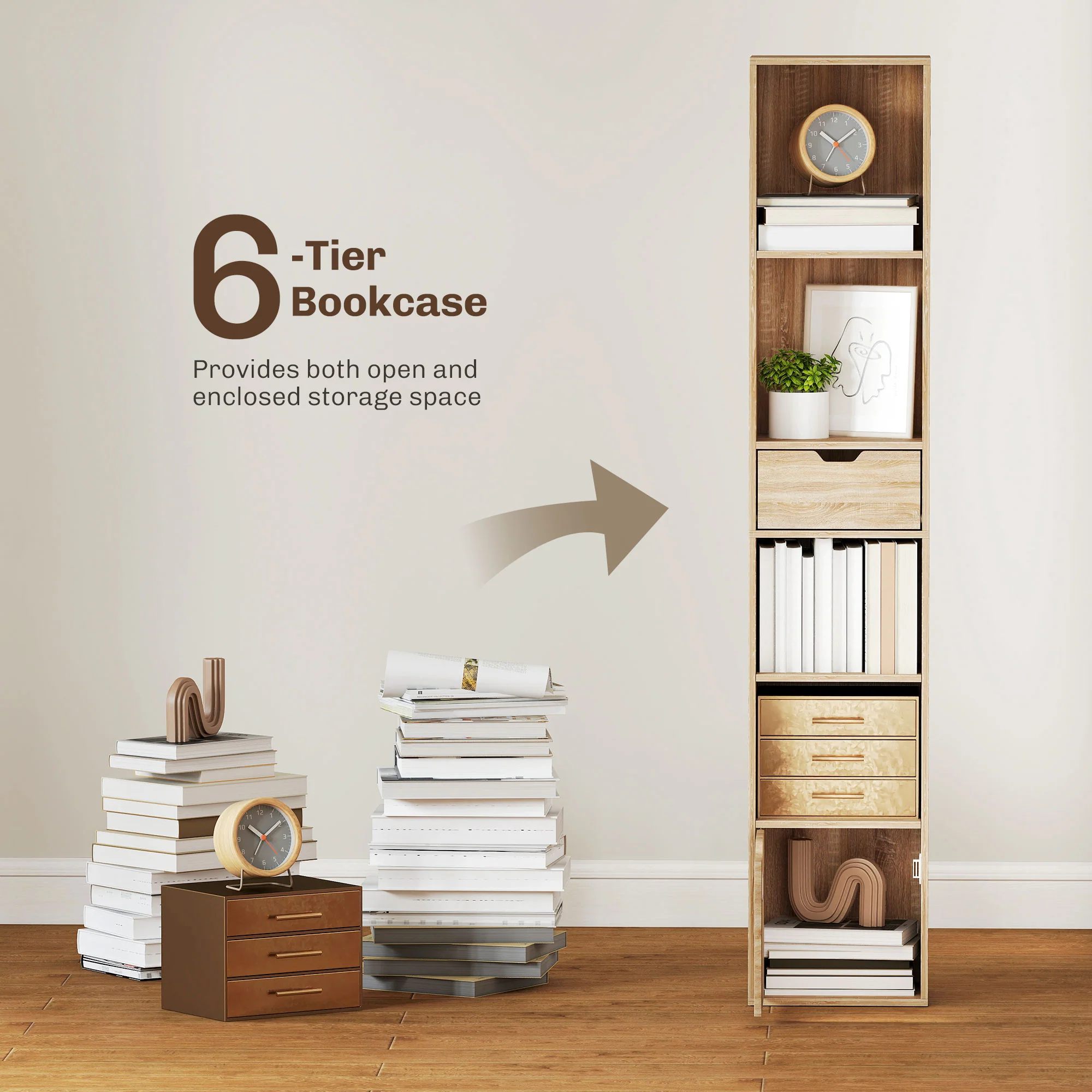HOMCOM Narrow Bookshelf with Drawer, Tall Bookcase for Living Room, Natural - Image 3