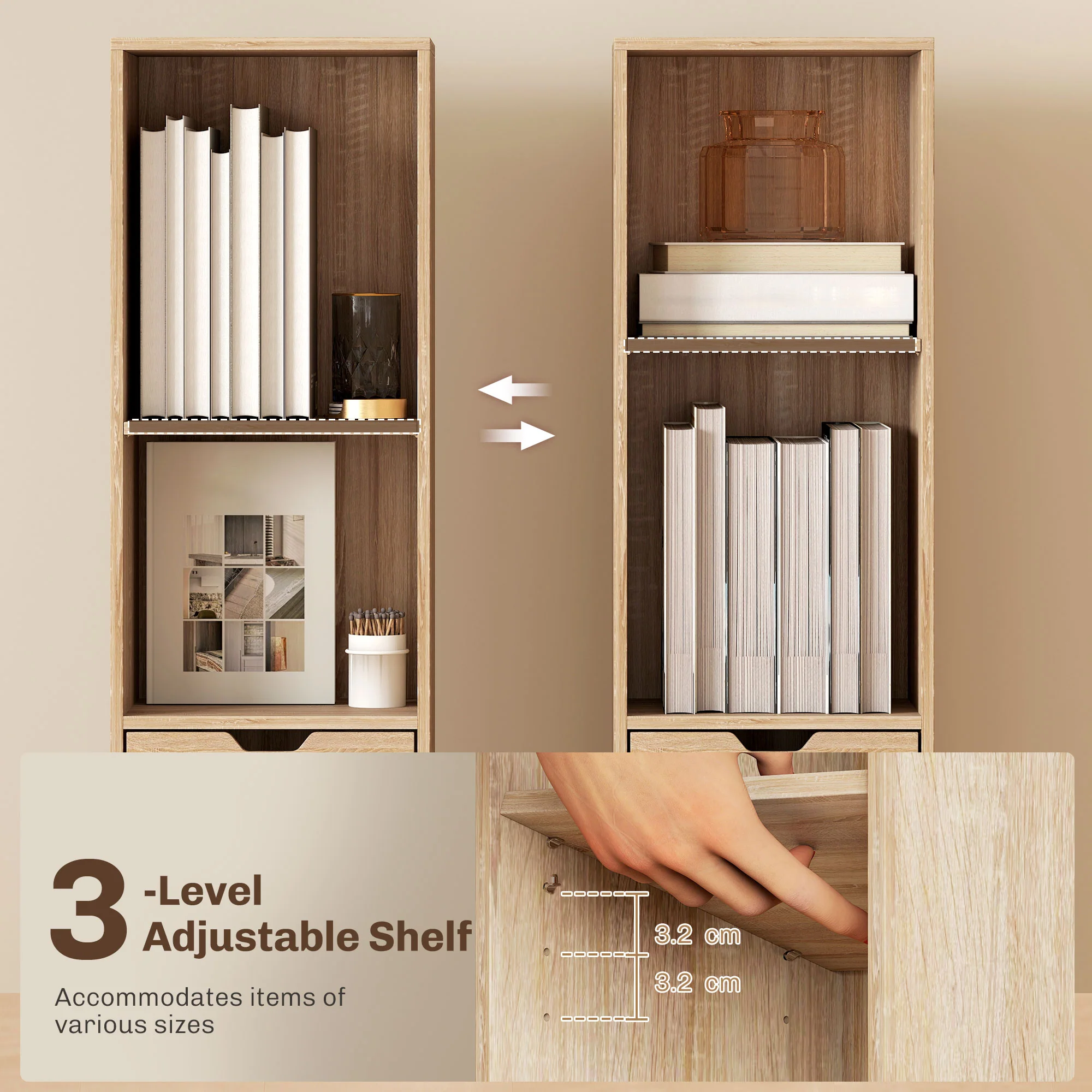 HOMCOM Narrow Bookshelf with Drawer, Tall Bookcase for Living Room, Natural - Image 4