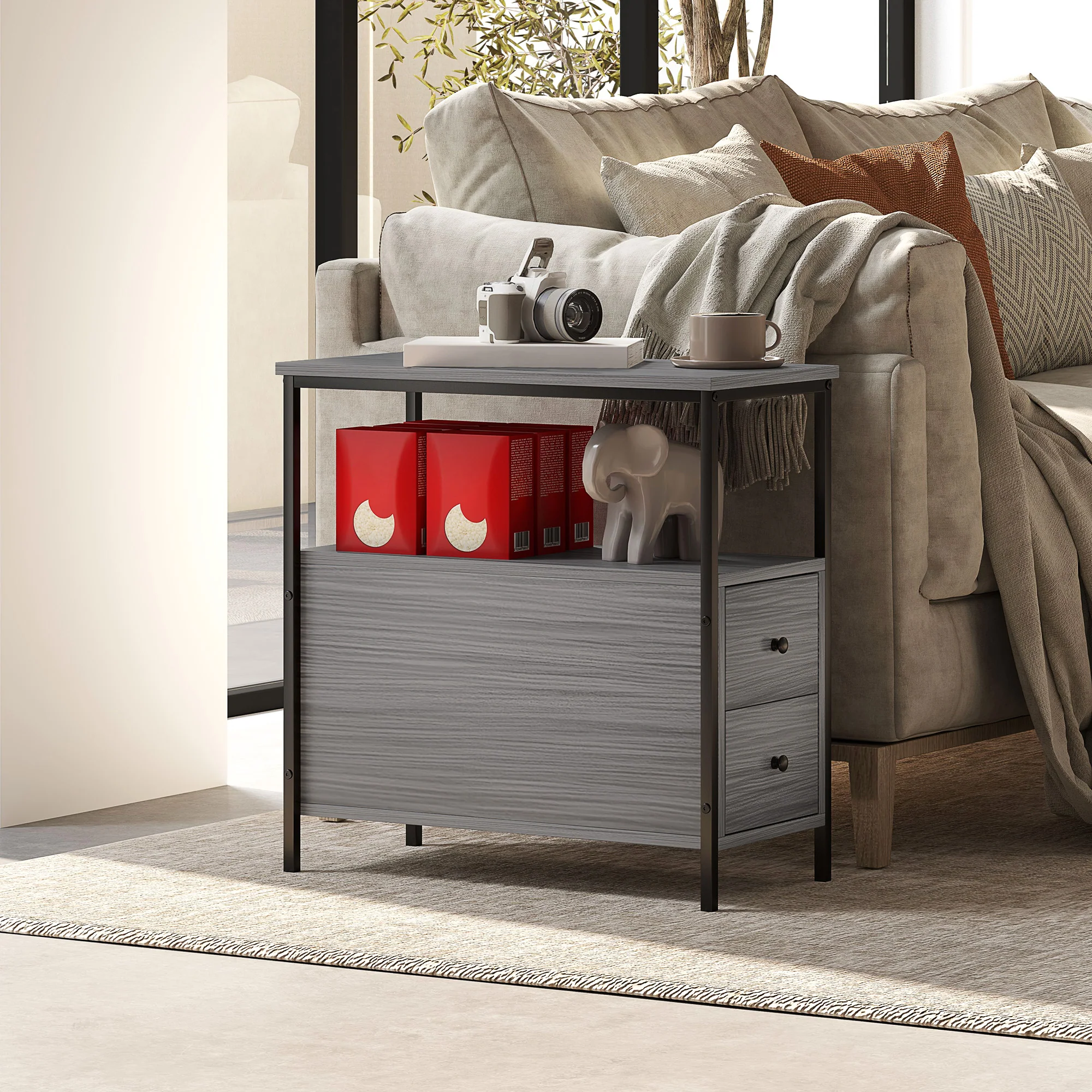 HOMCOM Narrow End Table, Sofa Side Table with 2 Drawers Storage Shelf, Grey - Image 2