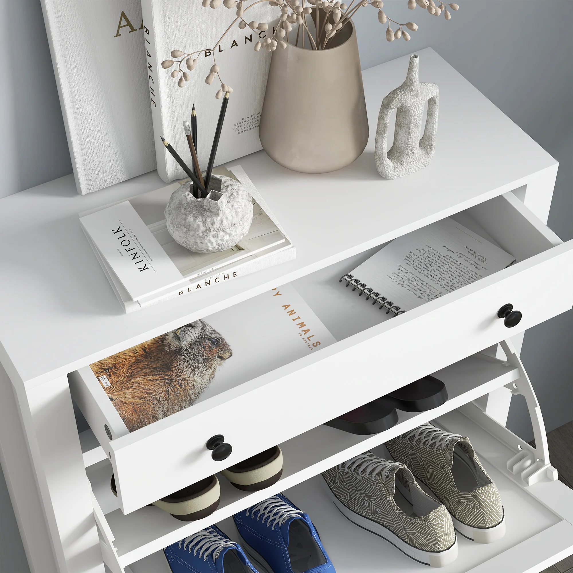 HOMCOM Narrow Shoe Cabinet With 2 Flip Drawers And Top Drawer, White - Image 8
