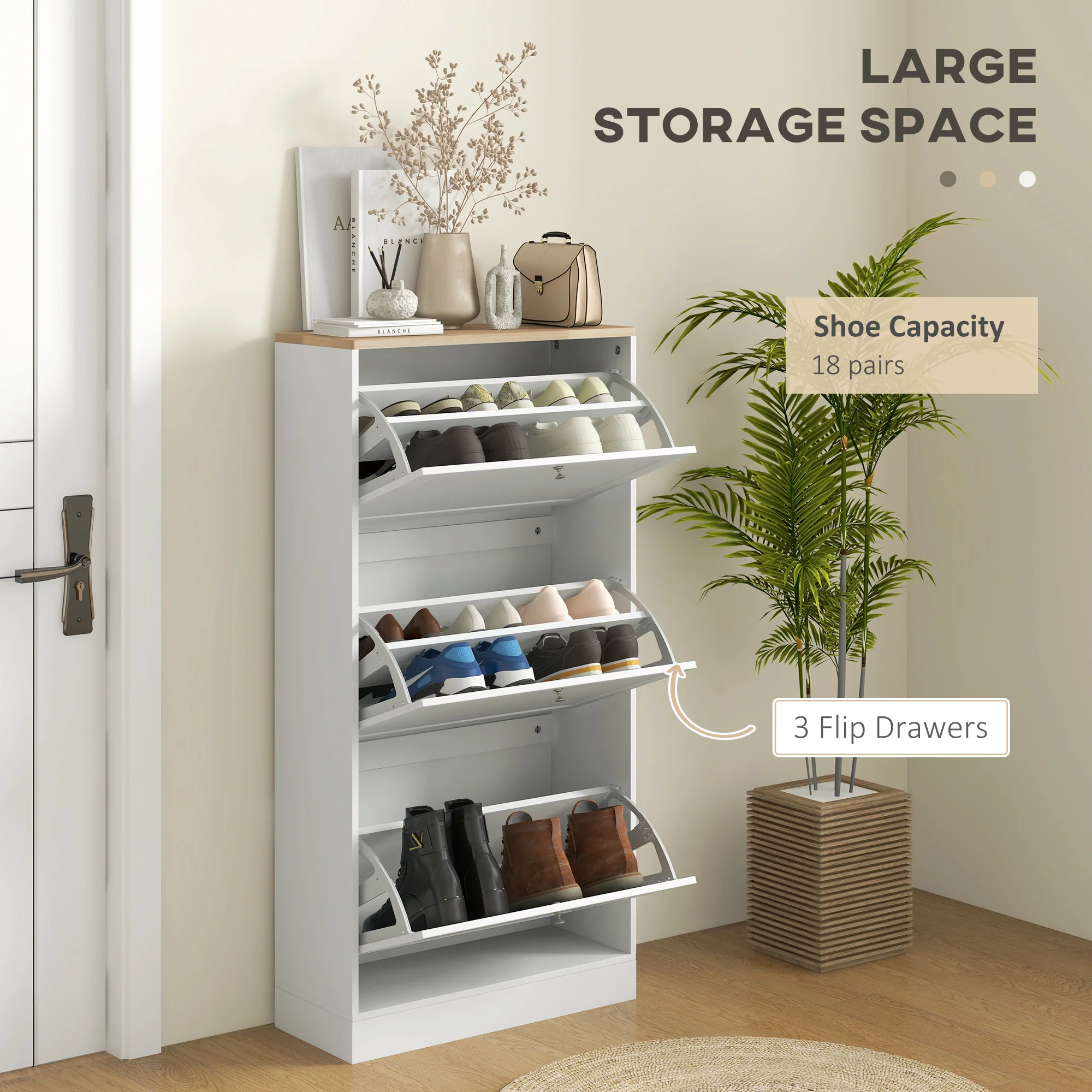 HOMCOM Narrow Shoe Cabinet with 3 Flip Drawers for 18 Pairs of Shoes White - Image 3