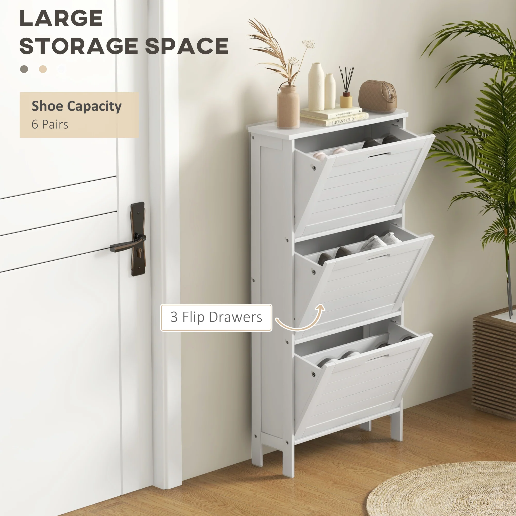 HOMCOM Narrow Shoe Storage Cabinet with 3 Flip Drawers, White - Image 3