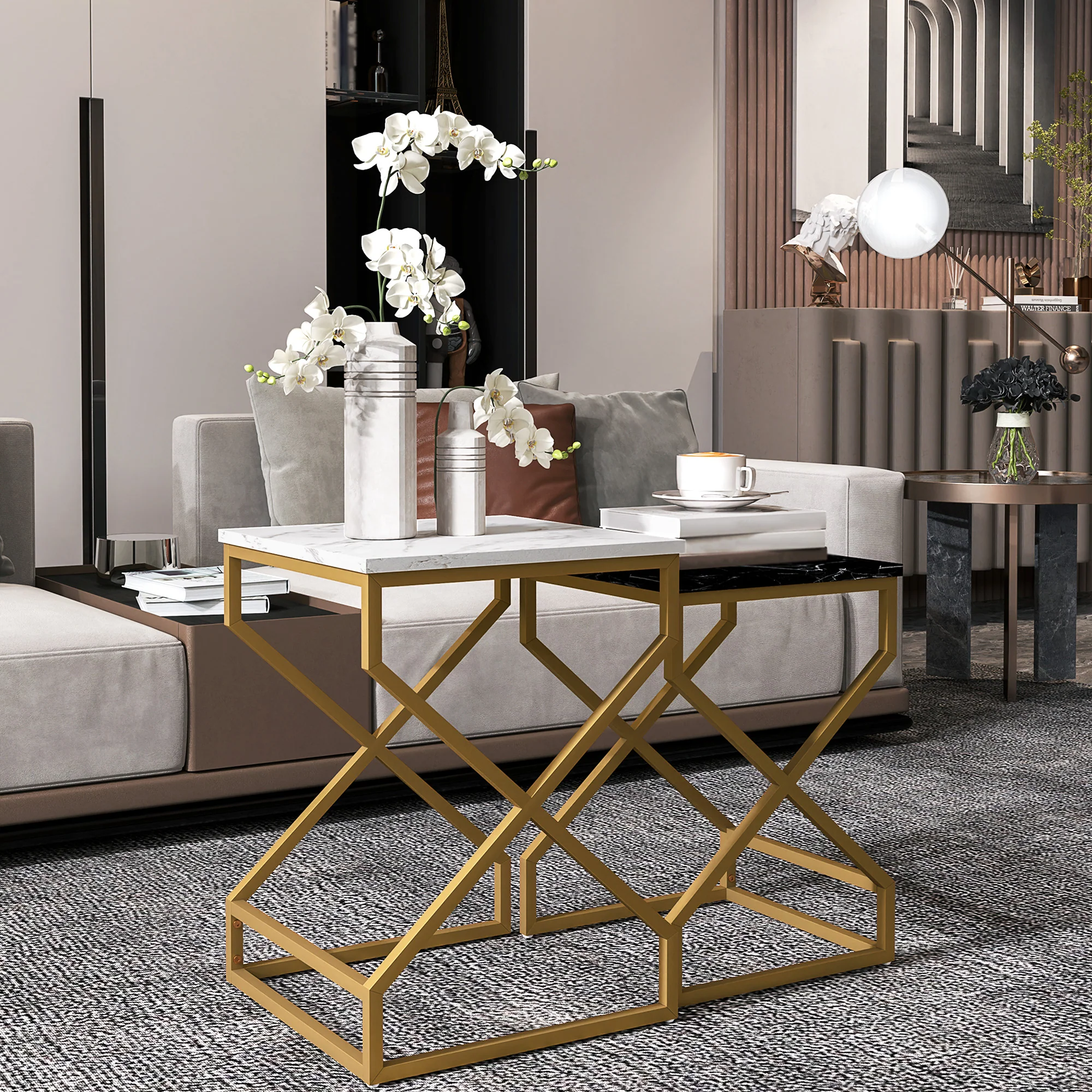 HOMCOM Nest Of Tables, Coffee Table Set with Steel Frame Black/White - Image 7