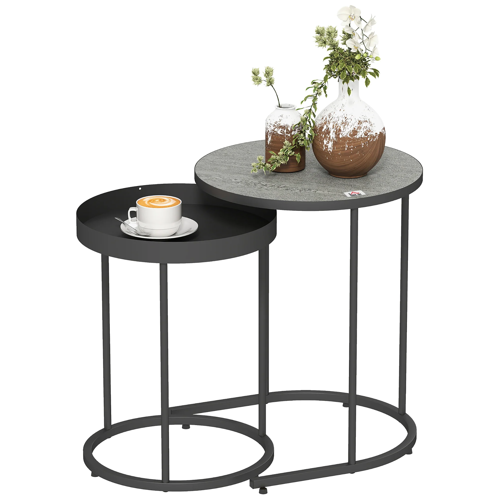 HOMCOM Nesting Side Table Set Of 2, Industrial Round Nest Of Tables, Grey