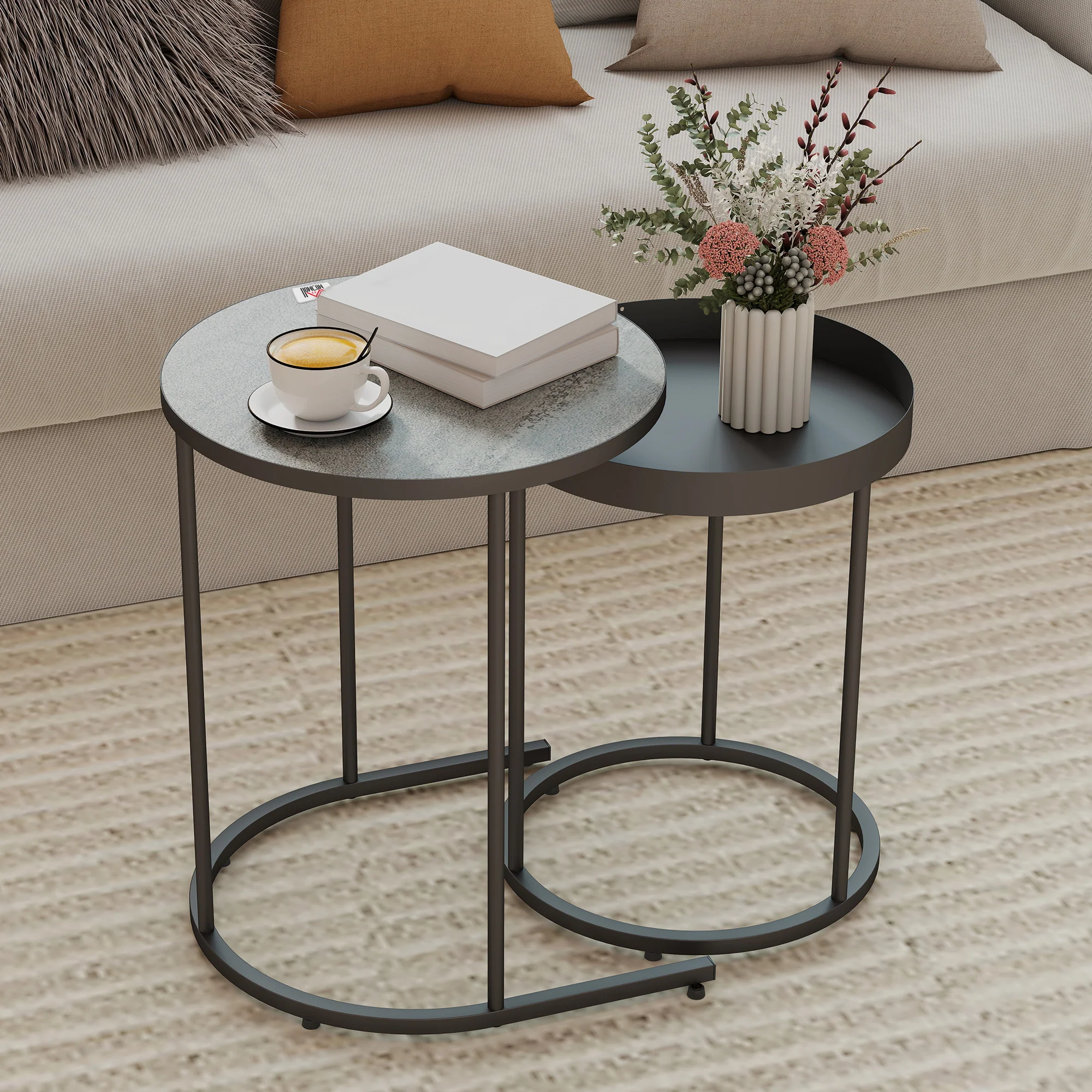 HOMCOM Nesting Side Table Set Of 2, Industrial Round Nest Of Tables, Grey - Image 2