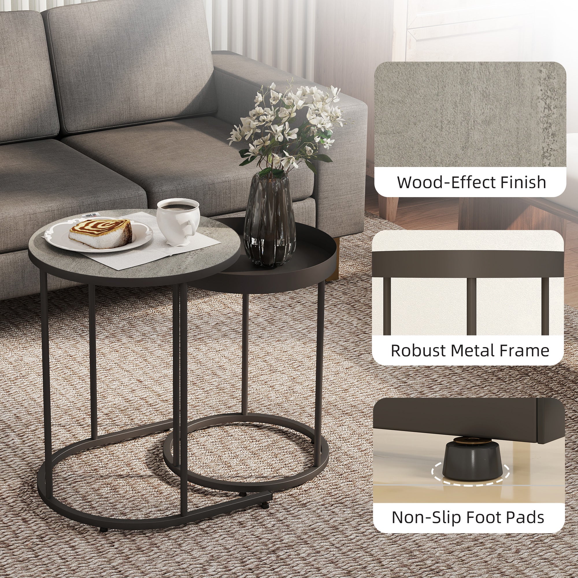 HOMCOM Nesting Side Table Set Of 2, Industrial Round Nest Of Tables, Grey - Image 6