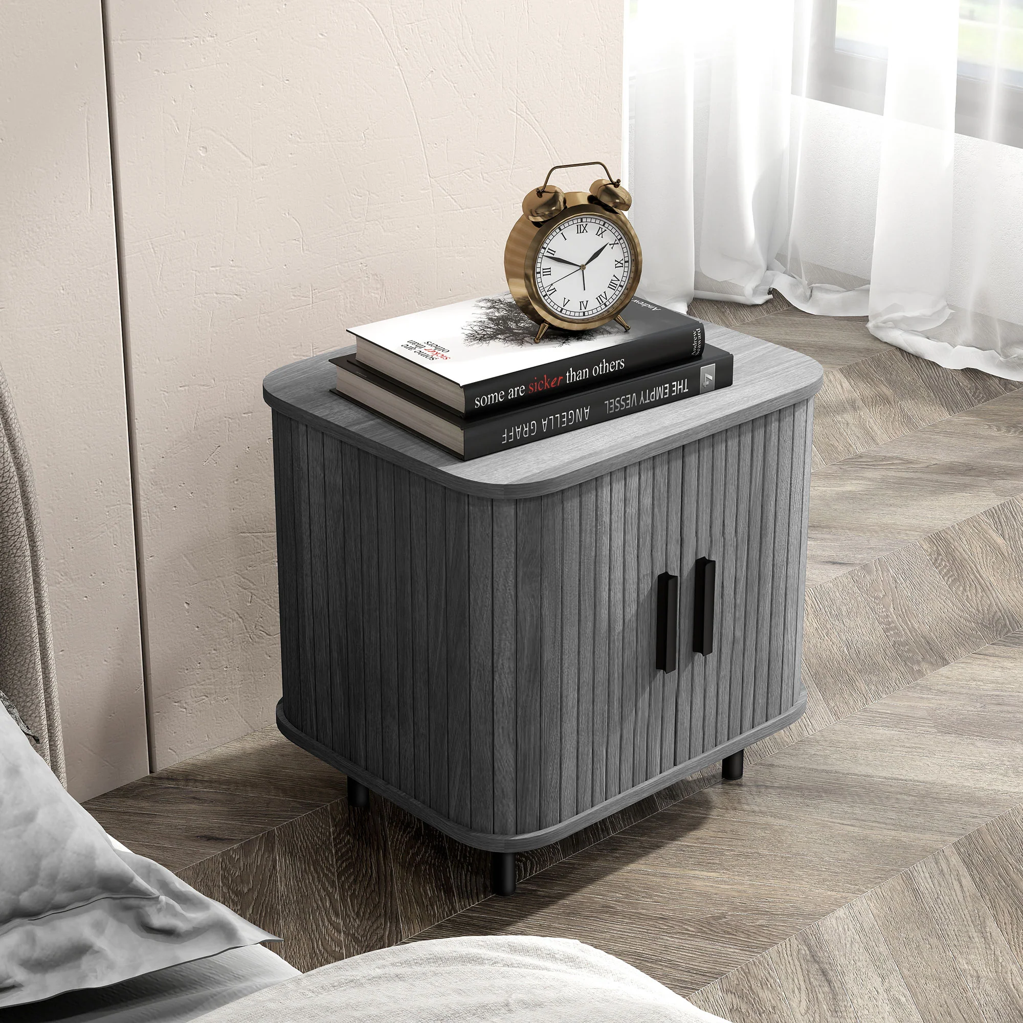 HOMCOM Nightstand With Sliding Doors And Metal Legs For Bedroom - Image 2
