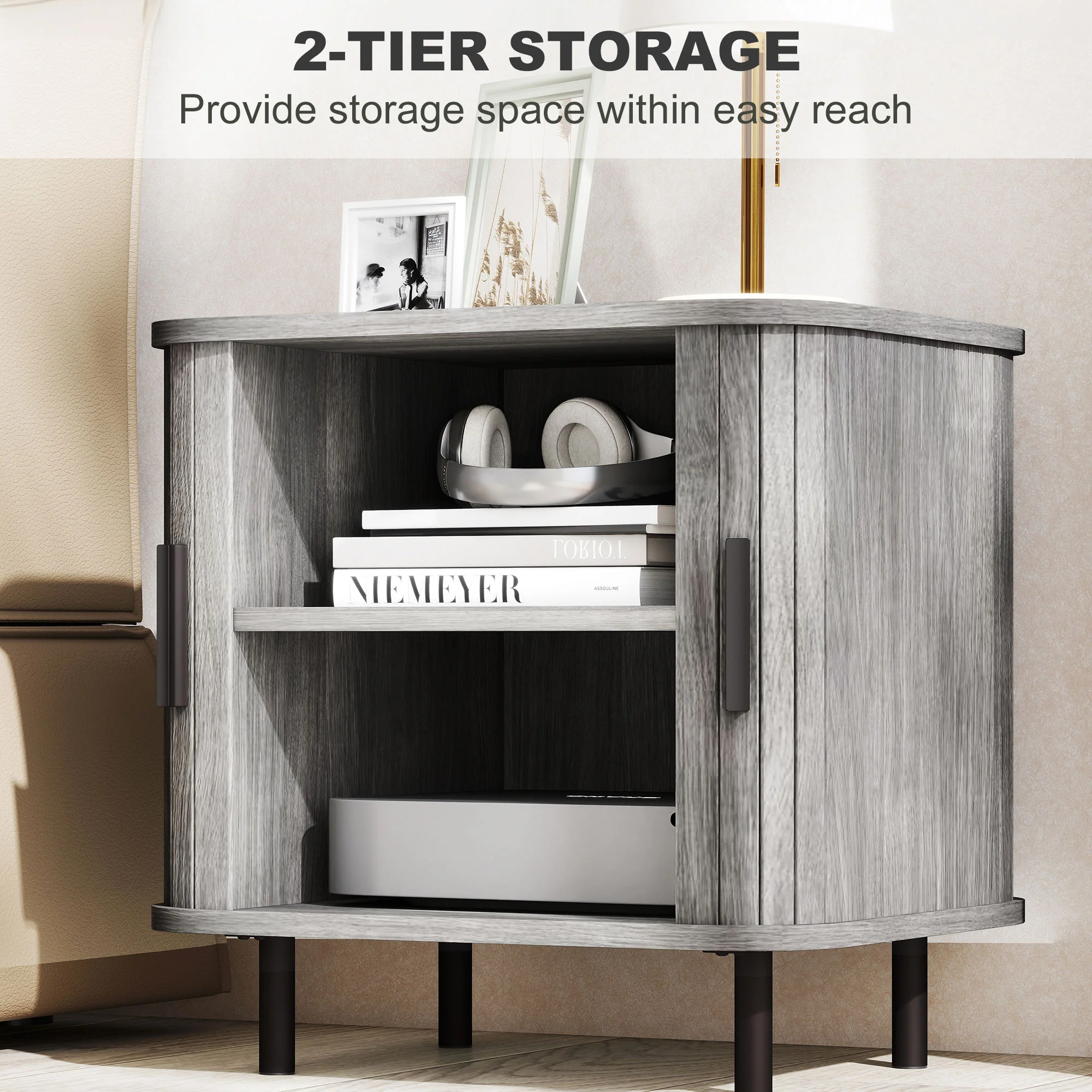 HOMCOM Nightstand With Sliding Doors And Metal Legs For Bedroom - Image 6