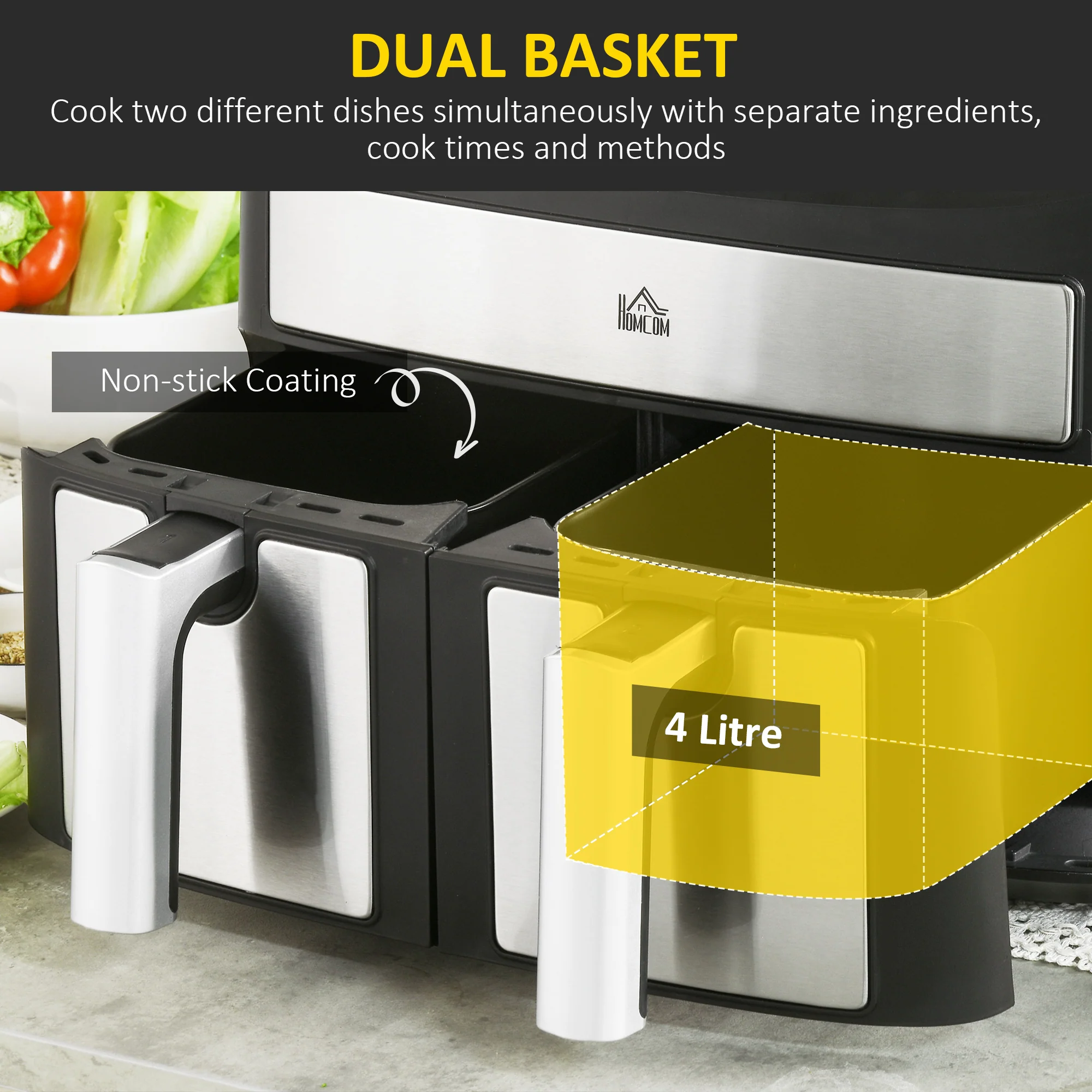 HOMCOM Oil Free Dual Air Fryer 10-in-1 8L W/ Sync Cook & Sync Finish Timer 2400W - Image 3