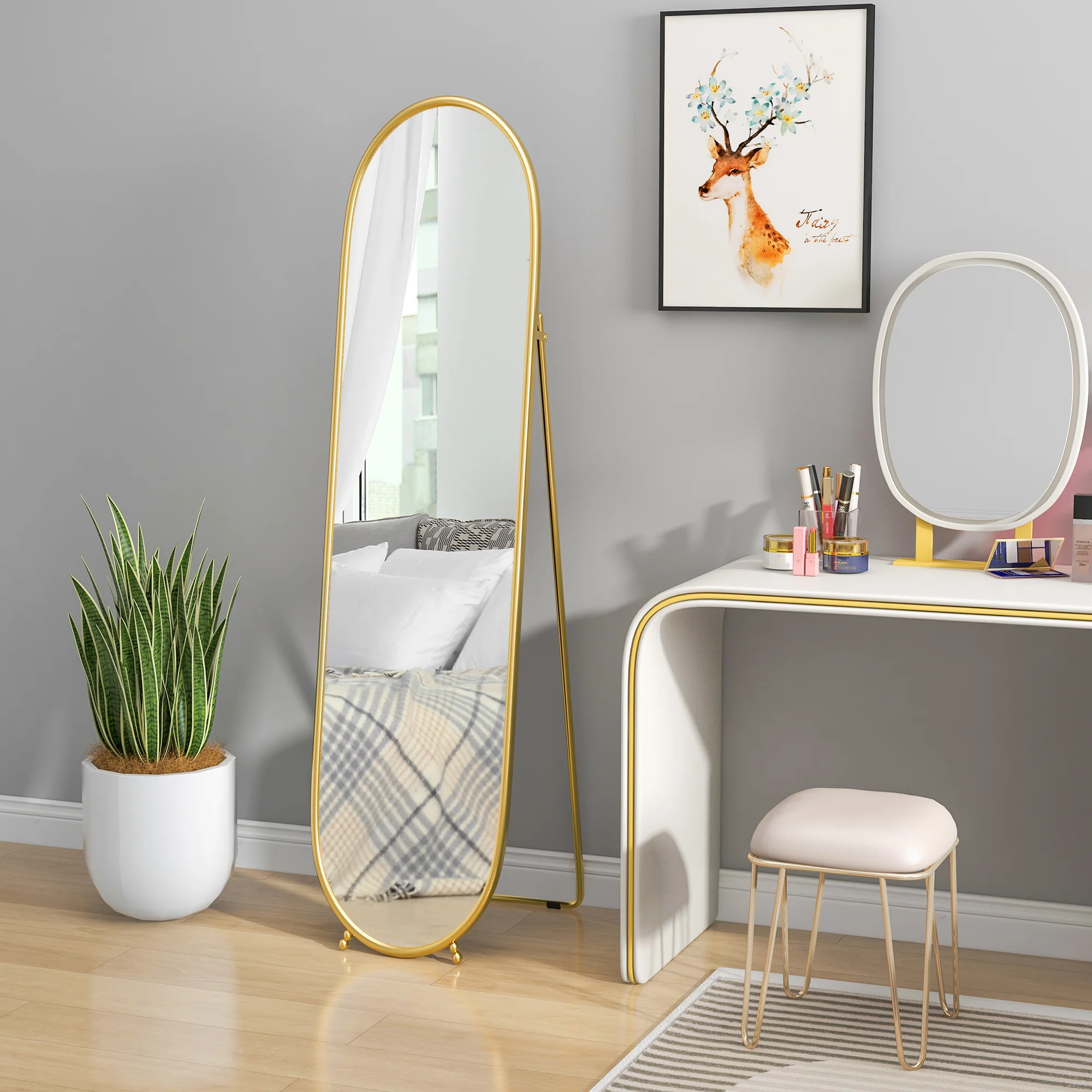 HOMCOM Oval Full Length Mirror With Metal Frame Hanging Or Leaning Gold Tone - Image 10