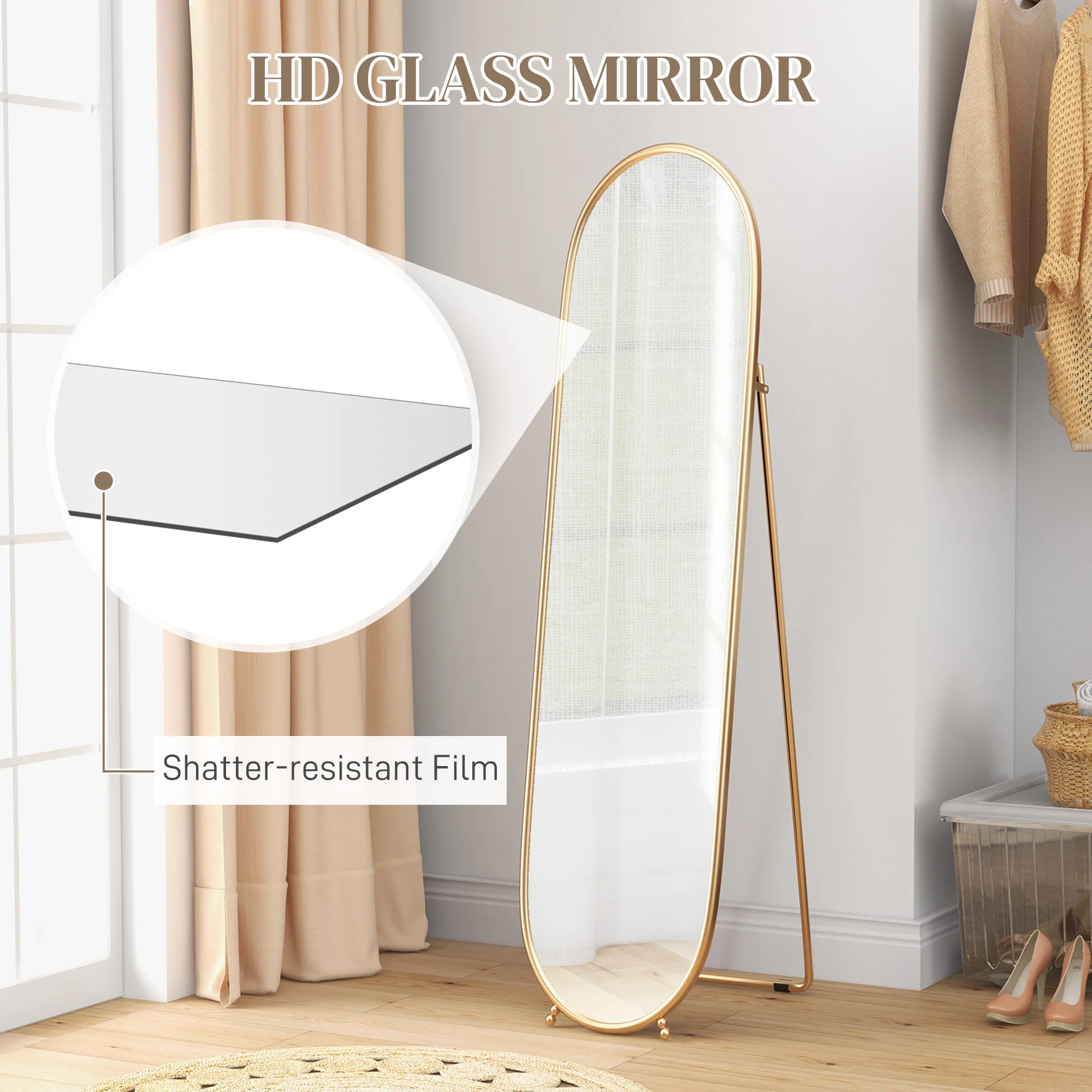 HOMCOM Oval Full Length Mirror With Metal Frame Hanging Or Leaning Gold Tone - Image 5
