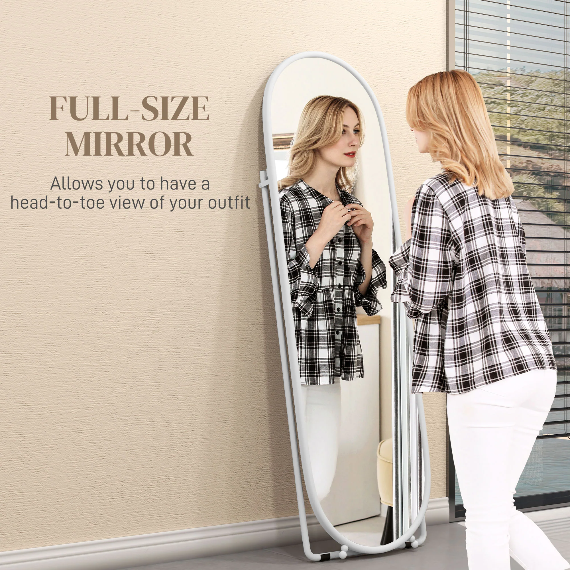 HOMCOM Oval Full Length Mirror With Metal Frame Hanging Or Leaning White - Image 3