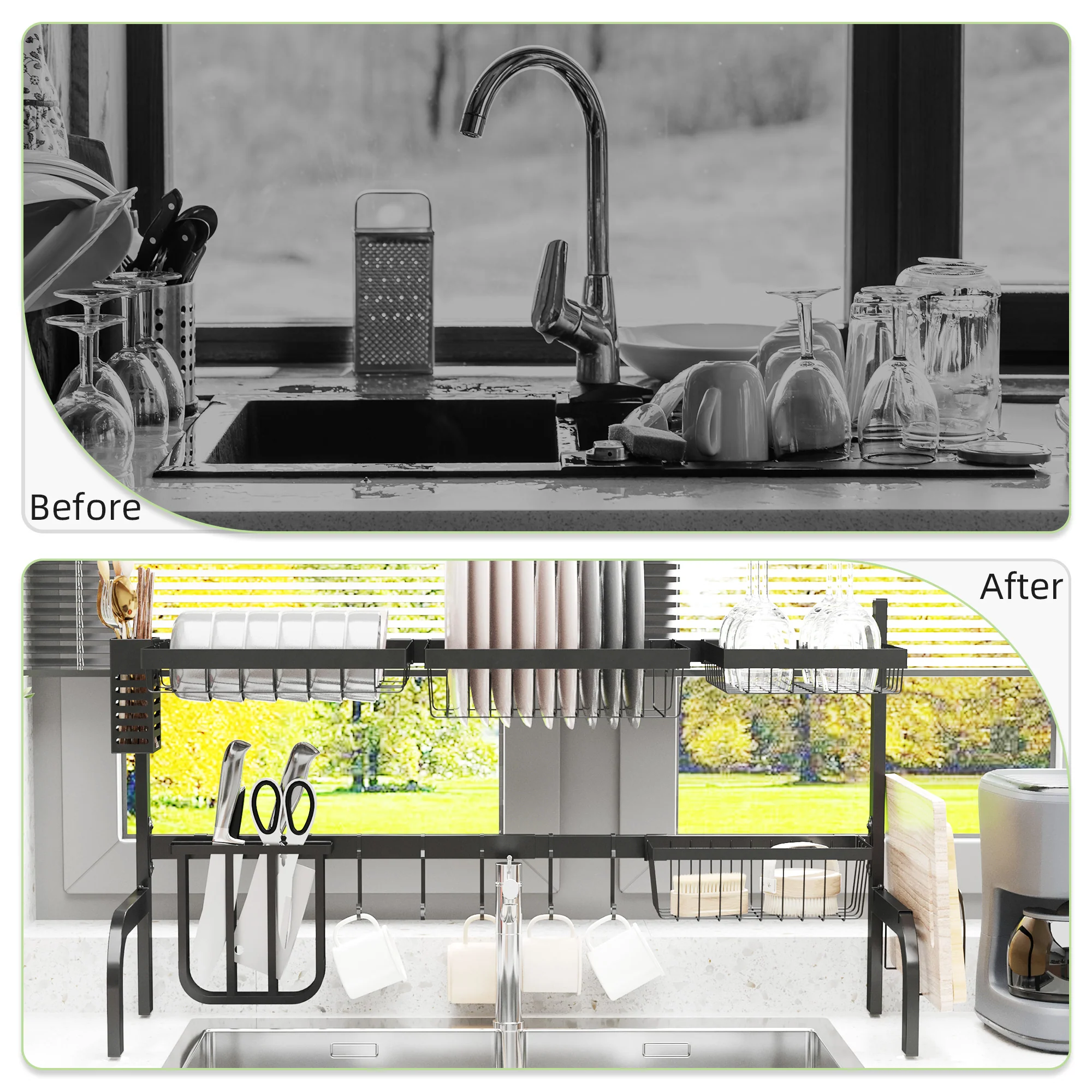 HOMCOM Over The Sink Dish Drying Rack, 2 Tier Adjustable Dish Drainer Black - Image 2