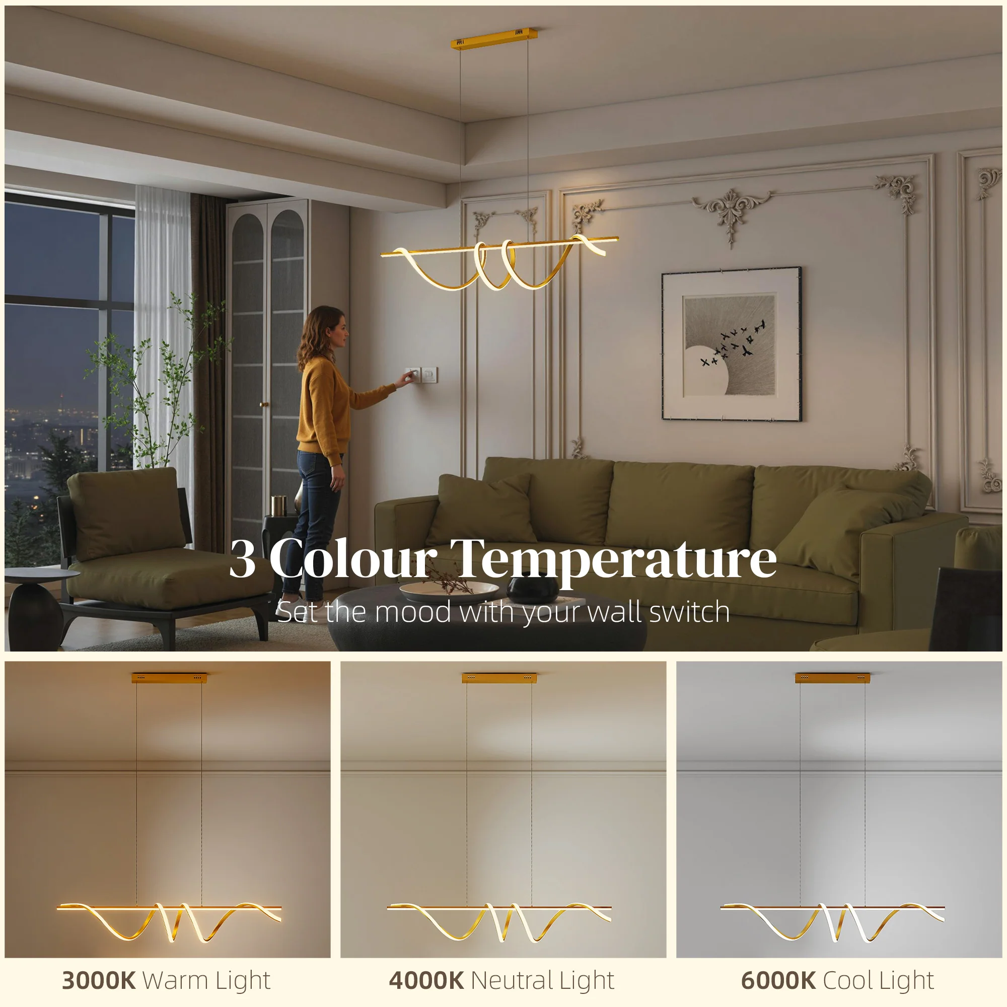 HOMCOM Pendant Light, Ceiling Light with 3 Colour Temperatures, Gold Tone - Image 3