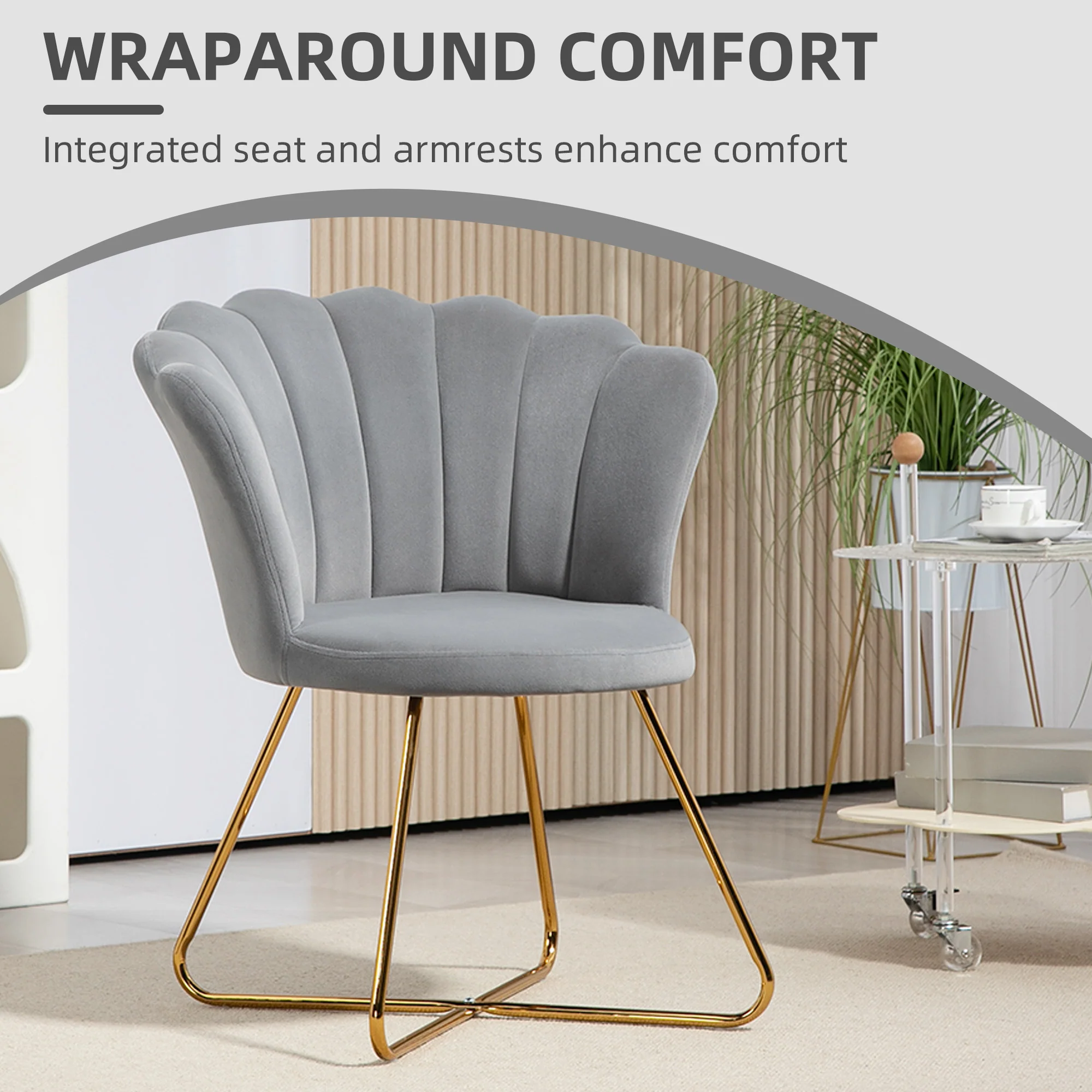 HOMCOM Accent Chair, Velvet Armchair With Lotus Backrest, Steel Legs - Pink/Grey - Image 12