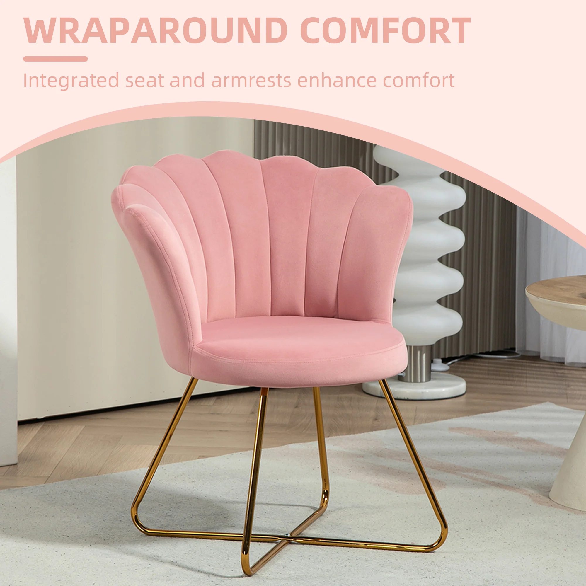 HOMCOM Accent Chair, Velvet Armchair With Lotus Backrest, Steel Legs - Pink/Grey - Image 3