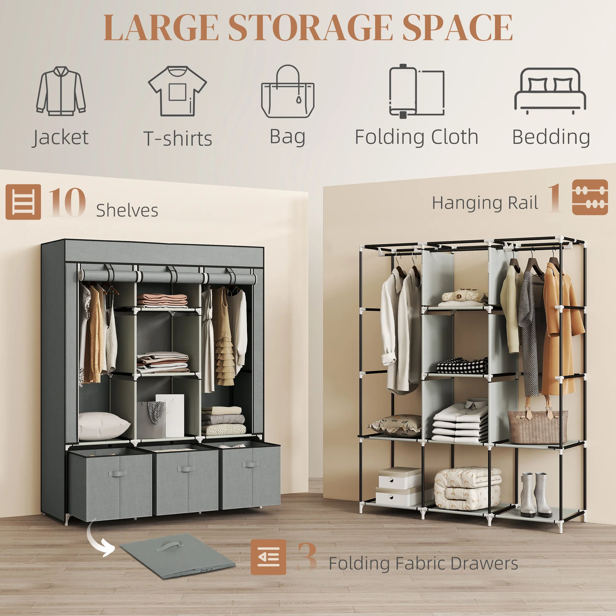 HOMCOM Portable Wardrobe w/ 5 Shelves 3 Fabric Drawers and 2 Hanging Rails Grey - Image 3