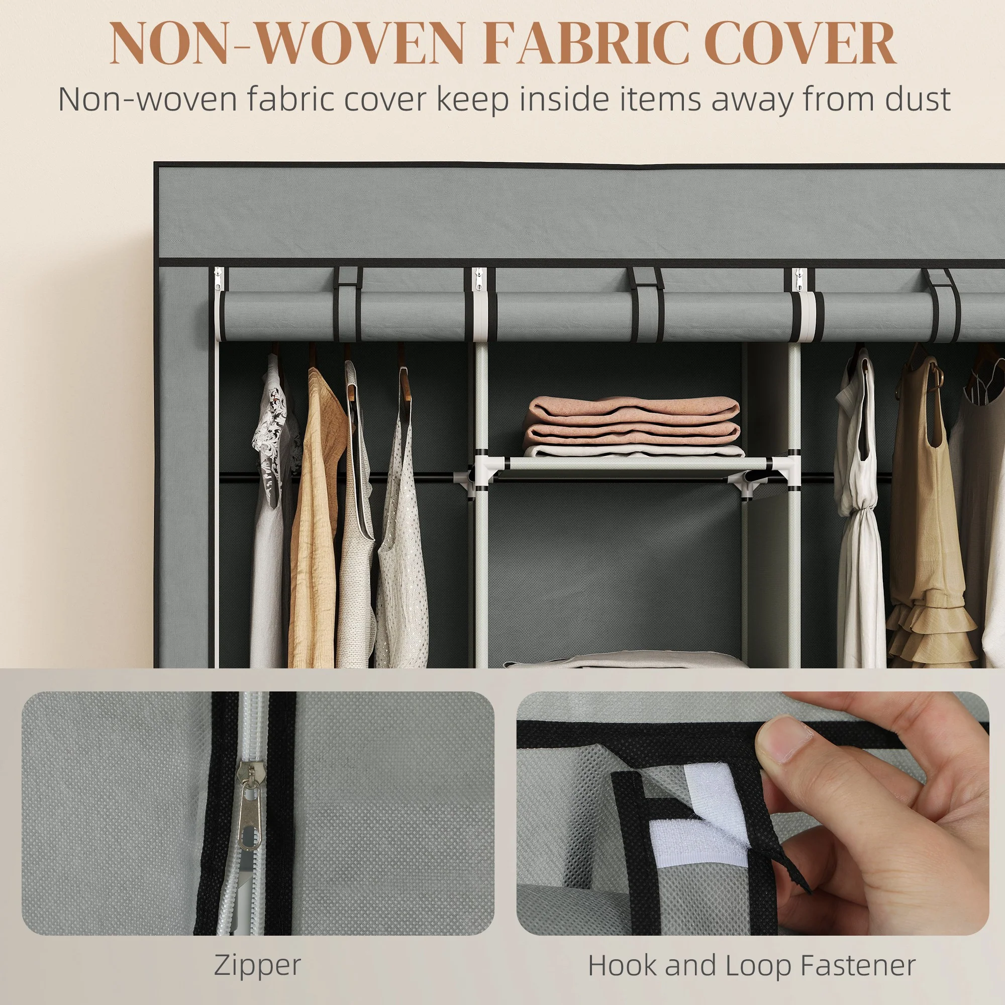 HOMCOM Portable Wardrobe w/ 5 Shelves 3 Fabric Drawers and 2 Hanging Rails Grey - Image 4